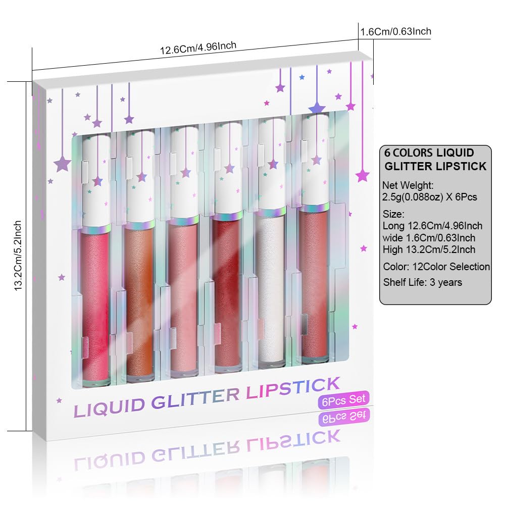 evpct 6Pcs Rose Bronze Gold Nude Pink White Dark Maroon Red Metallic Shimmer Glitter Lip Gloss Liquid Lipstick Set for Women Long Lasting Waterproof 24, Pearlescent Sparkly Glossy Lipsticks Lip Makeup