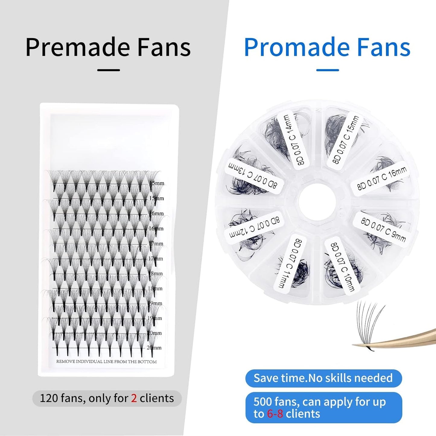 Premade Fans for Eyelash Extension: 8D, Wendy Lashes, Handmade Fans, Pre-made, For Lash-Artists, D, 9-16mm