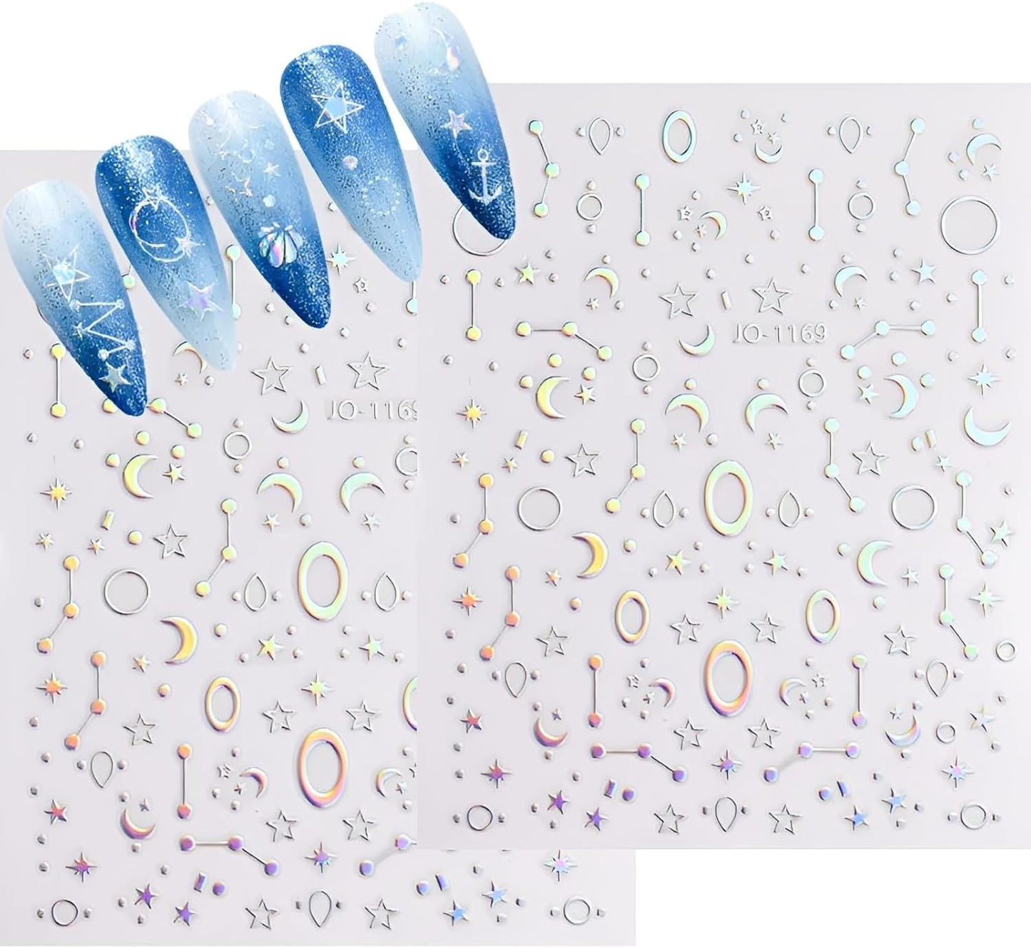 12 Sheets Aurora Nail Stickers for Nail Art 3D Self Adhesive Moon Star Nail Art Stickers Aurora Nail Decals Glitter Holographic Nail Design Heart Nail Art Supplies DIY Manicure Decorations for Women