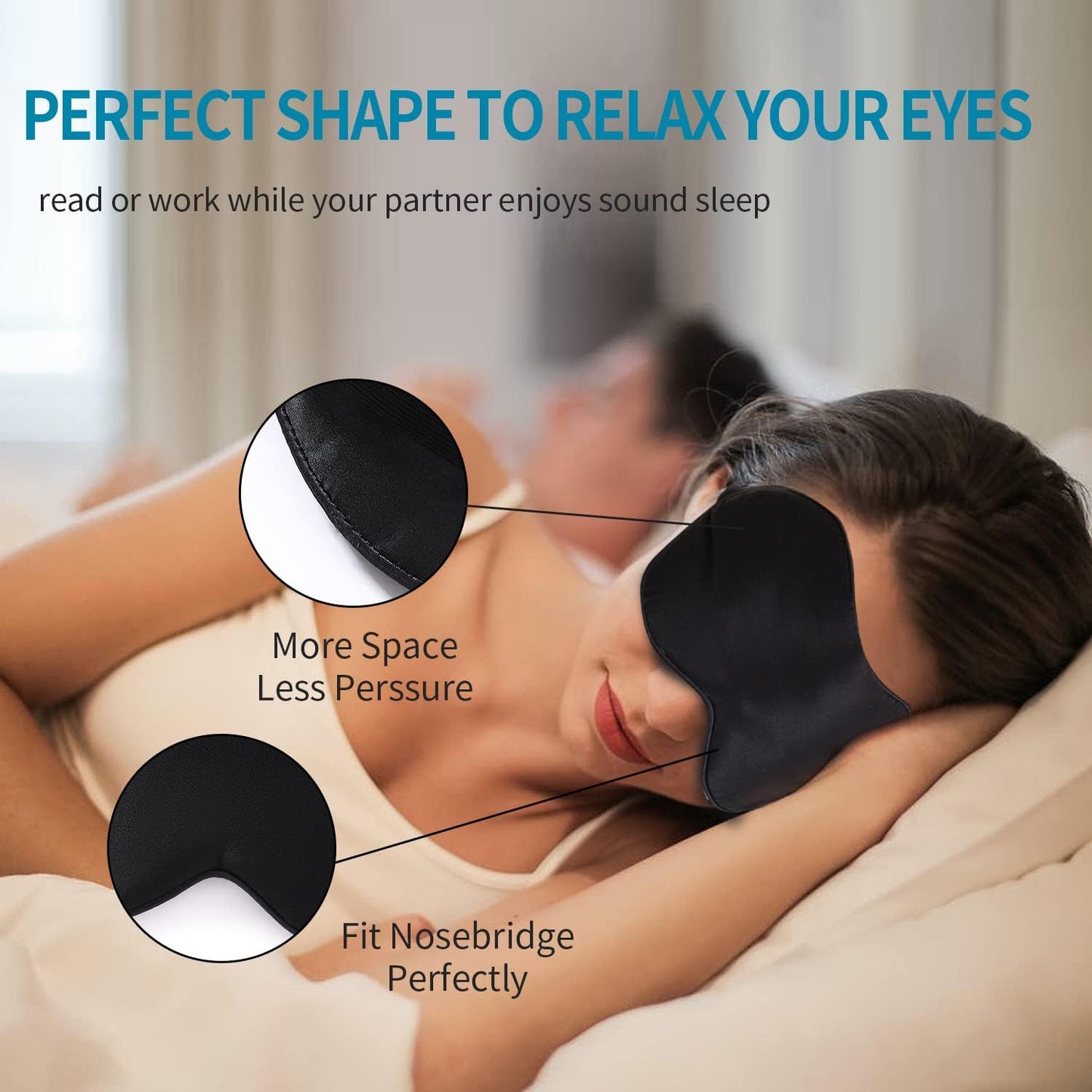 2-Pack 100% Real Natural Silk Eye Mask, Silk Sleeping Mask, Shade Puffy Eye Gift with Adjustable Straps, Sleep Eye Mask, SHJINJU Eye Mask Shade (Black and Lake Blue)