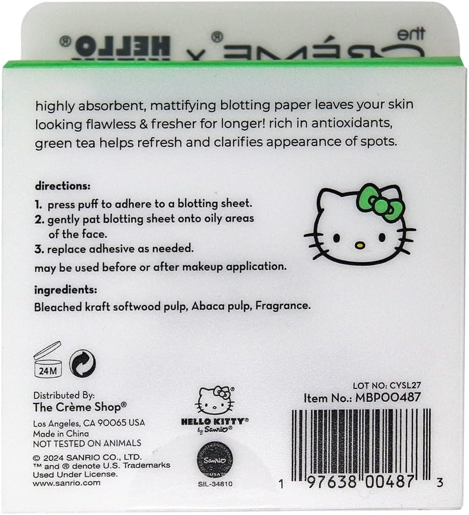 The Crème Shop x Hello Kitty Matcha Blotting Papers + Reusable Compact Mirror - Hello Kitty Collaboration for Oil Control and On-the-Go Touch-ups (Matcha Color Ribbon)