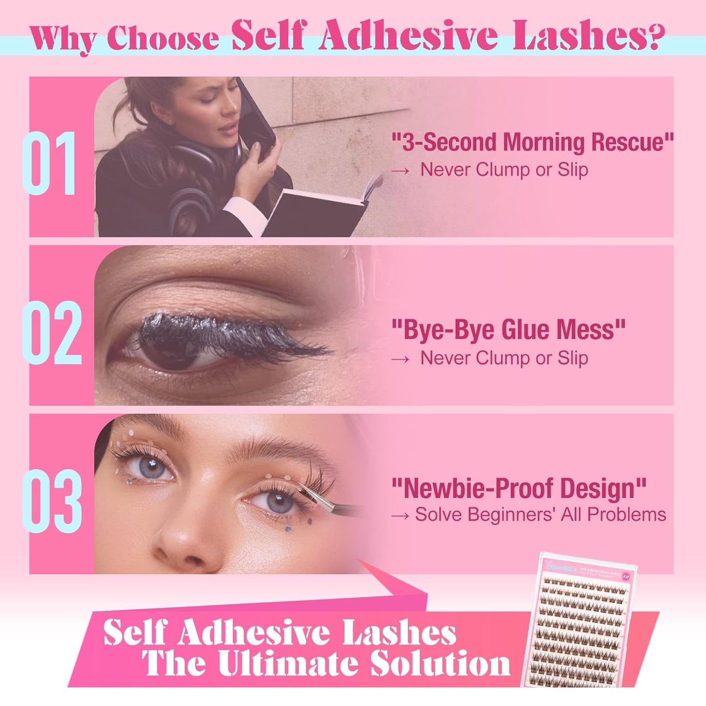 Yawamica Self Adhesive Eyelashes Brown Lash Clusters No Glue Needed Press on Lashes Reusable Pre-glued Eyelash Clusters 8-14mm Wispy Individual Lashes C Curl Cluster Lashes DIY Brown Lash Extension