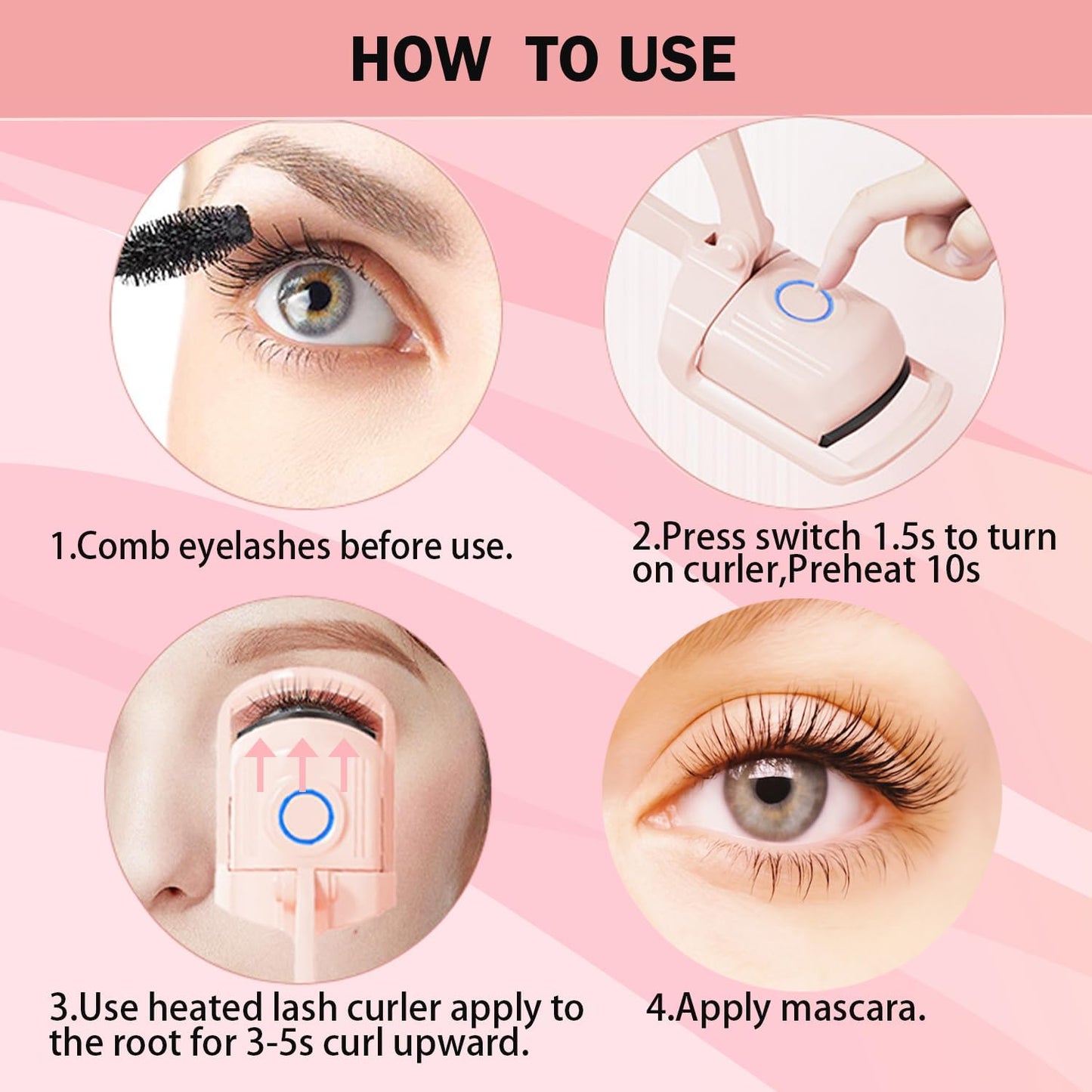 Heated Eyelash Curler, Rechargeable Electric Eyelash Curler, 3-Level Temperature Control, 24 Hour Long Lasting Curl, Suitable for All Beauty Enthusiasts