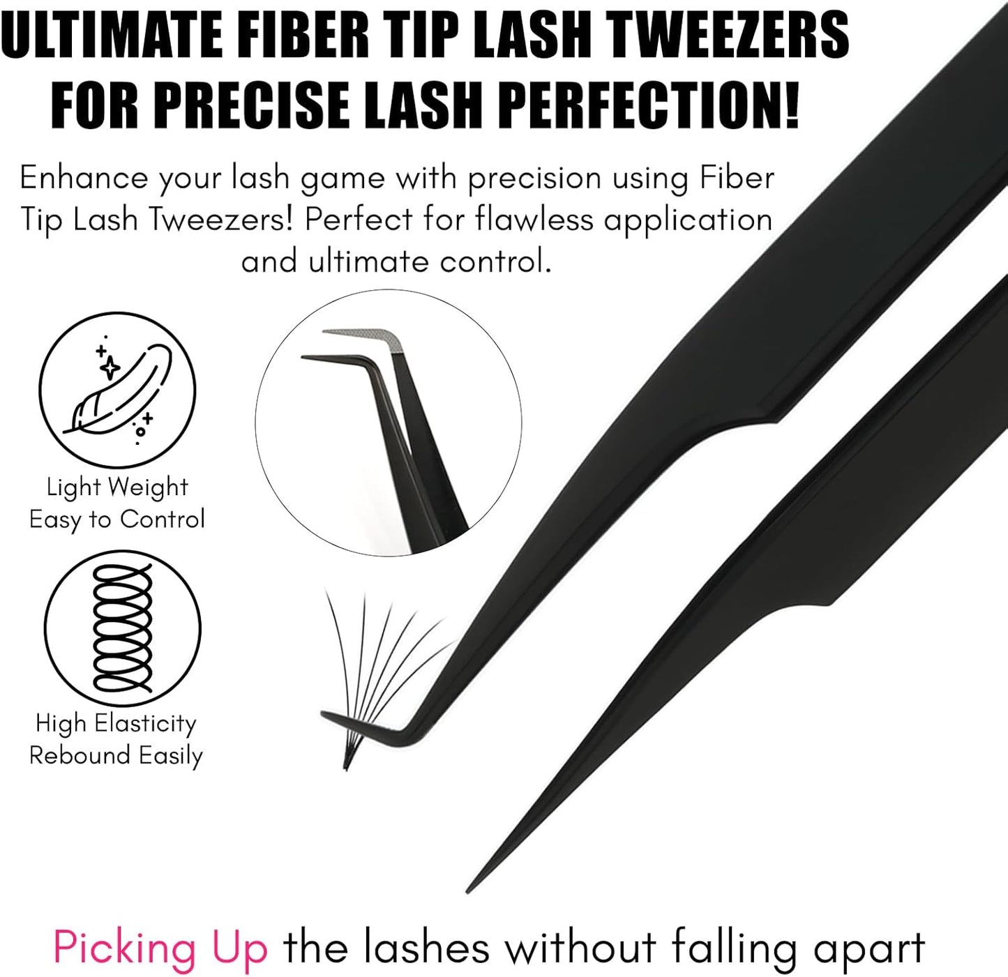 2Pcs Fiber Tip Lash Tweezers for Eyelash Extensions and Straight Isolation Tweezer Set – Professional Precision Fan Making, Mega Volume Boot Lashing, Classic & Mink Eyelashes, Black