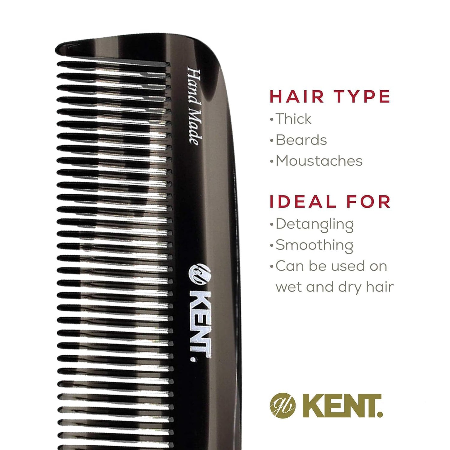 Kent 12T G Wide Tooth Detangling Comb - Handmade Pocket Comb for Thick, Curly, Wavy Hair - Large Tooth Hair and Beard Grooming Comb - Saw-Cut and Hand Polished