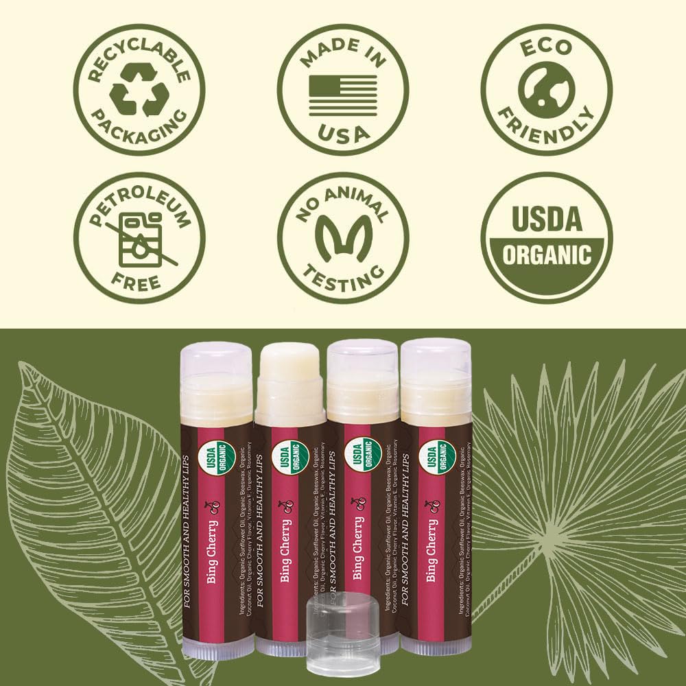 Earth's Daughter USDA Organic Lip Balm 4-Pack - Cherry Flavor - Beeswax, Coconut Oil, Vitamin E - Best Lip Repair Chapstick for Dry Cracked Lips.