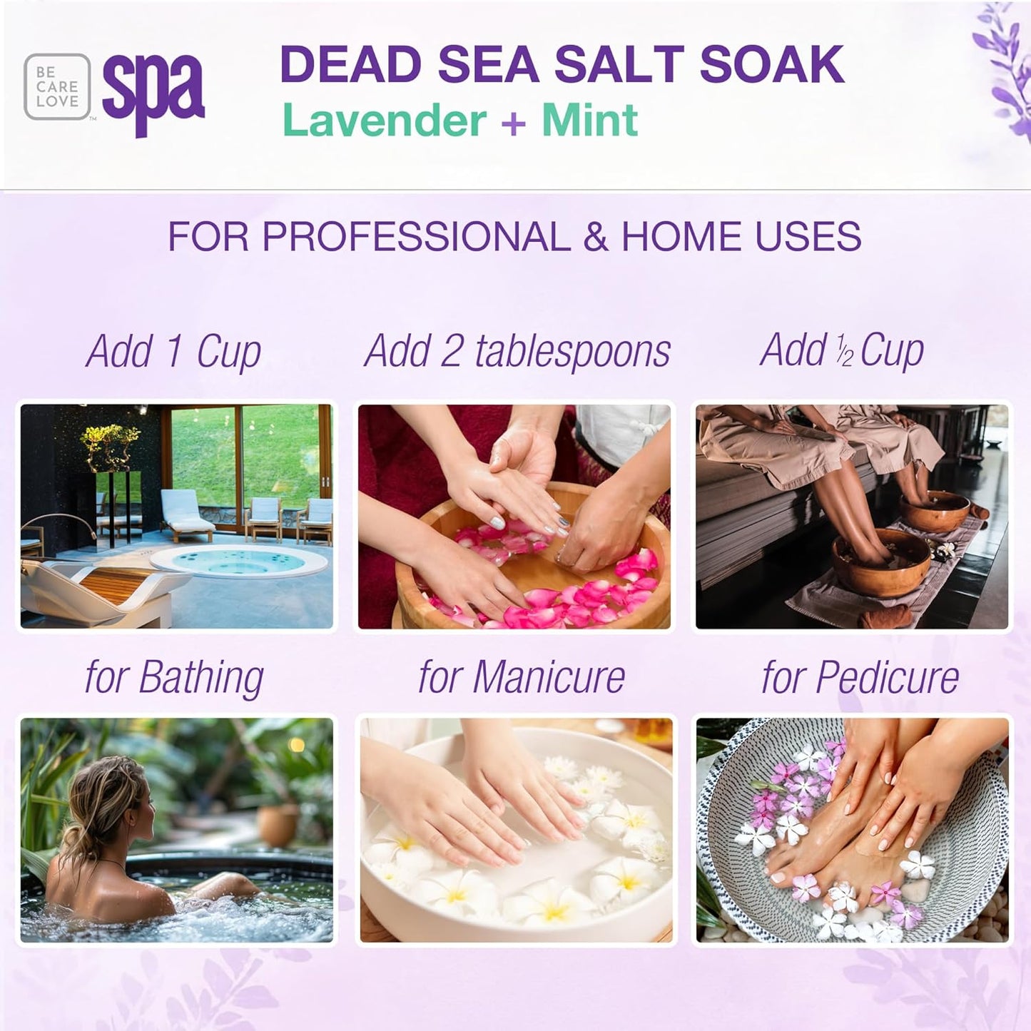 BCL SPA Dead Sea Salt Soak - Bath Salt with Organic Lavender + Mint, Shae Butter, Arnica, Aloe Vera Juice, Chamomile, Argan Oil & Jojoba Oil Skin Exfoliator- Home/Professional Use 16 fl oz