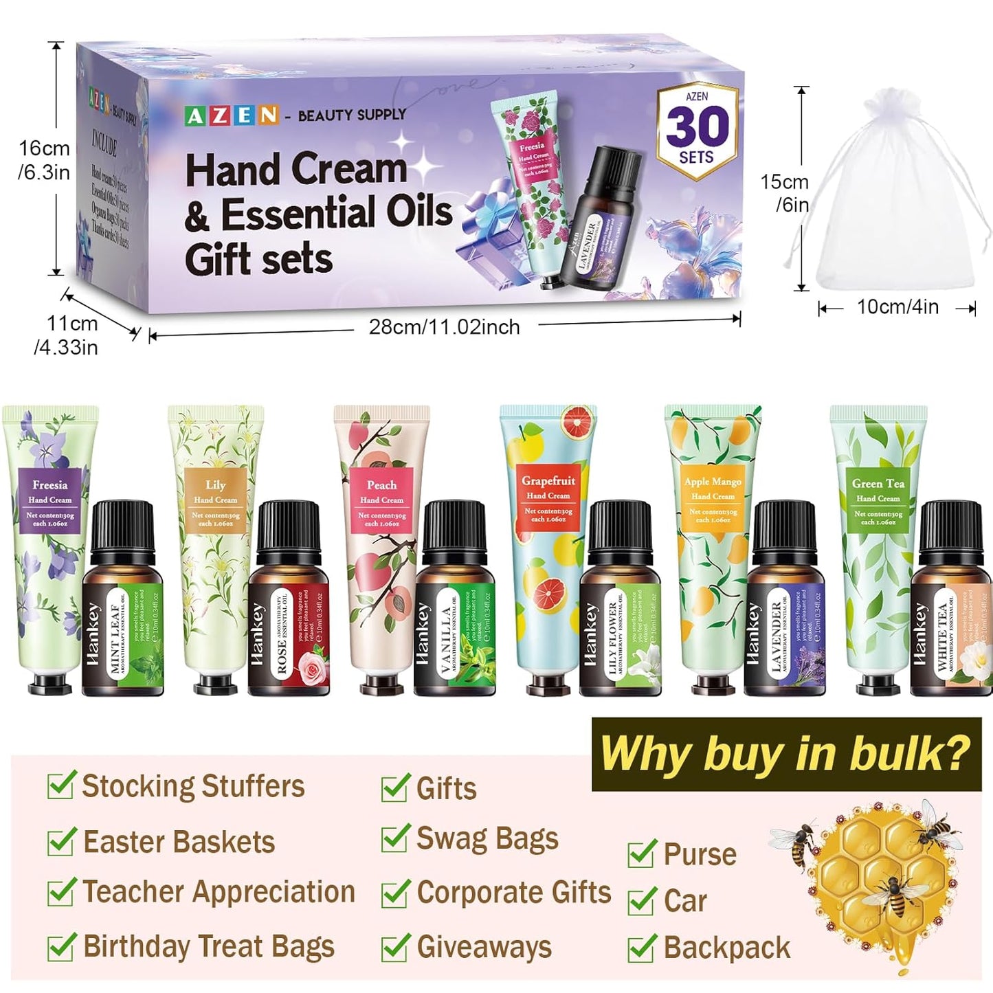 AZEN 30 Sets Bulk Gifts, Hand Cream and Essential Oils Bulk Set with Organza Bag Thank You Card, Baby Shower Wedding Gifts for Guests, Bridal Wedding Favors for Guests,Thank You Gifts for Women