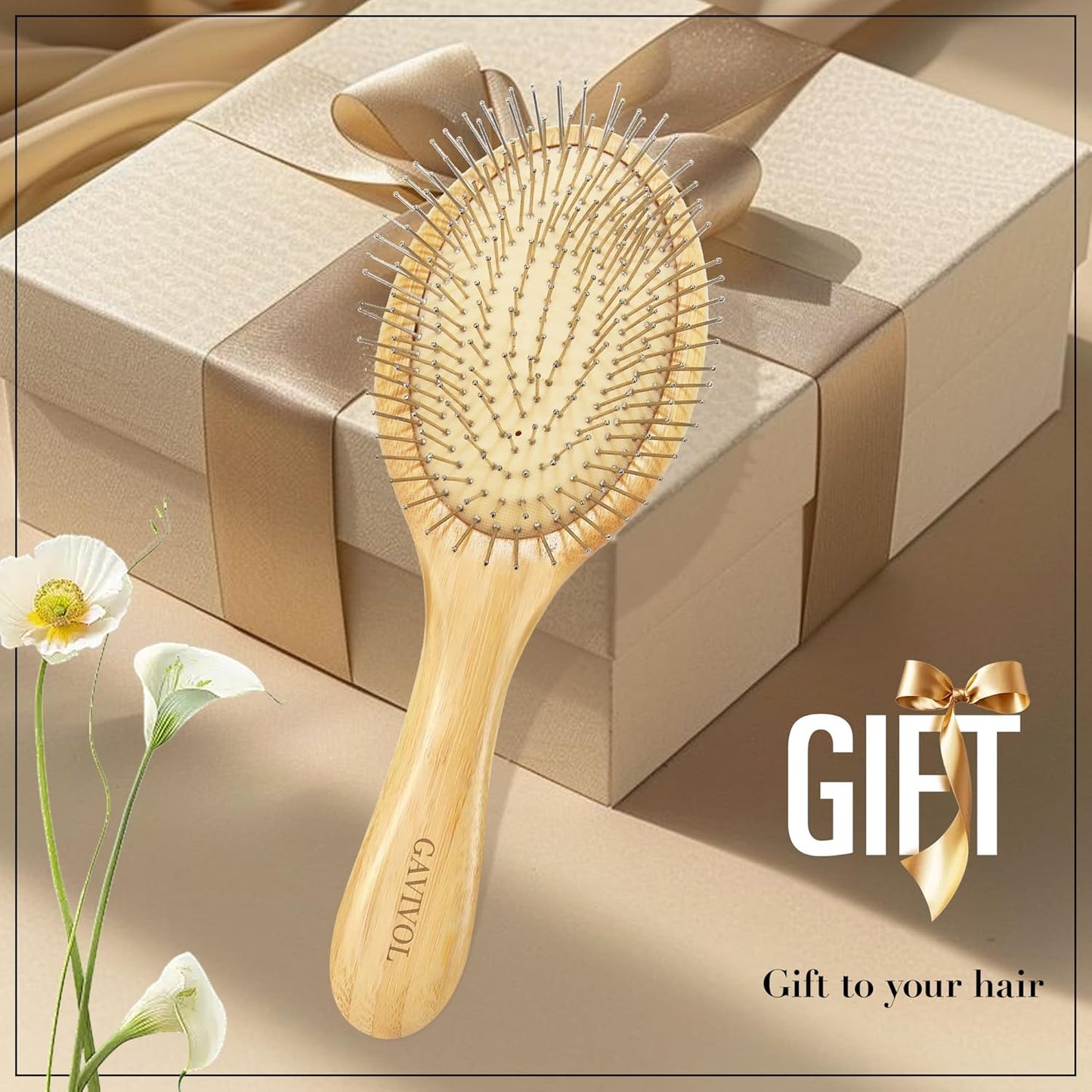 Bamboo Paddle Hairbrush with Steel Bristles for Anti-Static Detangling & Scalp Massage – Wooden Handle Brush for Hair Growth, All Hair Types