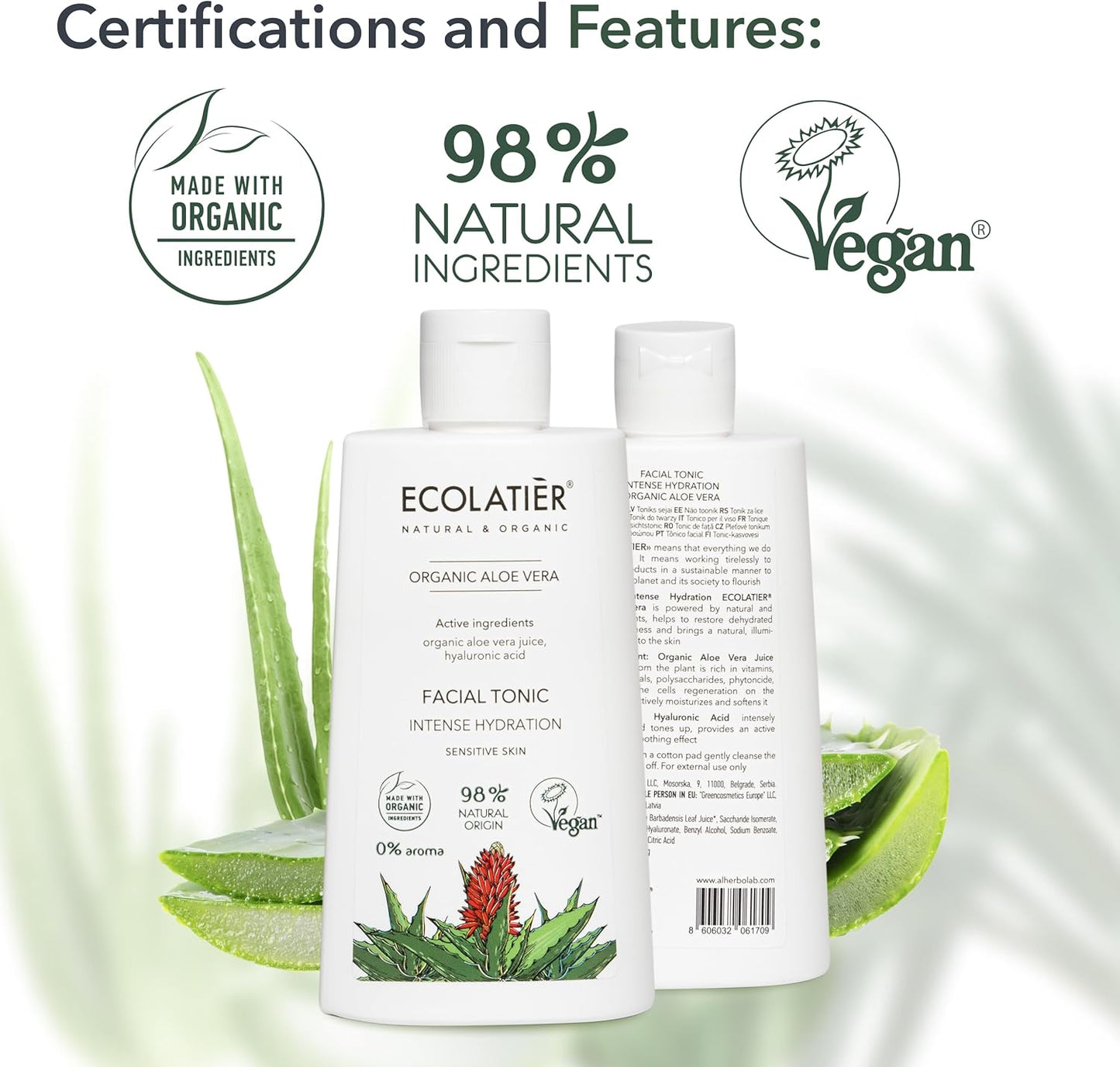 Organic Aloe Vera Facial Toner - 98% Natural Ingredients - Intense Hydration, Hyaluronic Acid, 98% Natural, Vegan - Deep Moisture, Refreshes, and Revitalizes The Skin - 8.5 Fl Oz / 250ml
