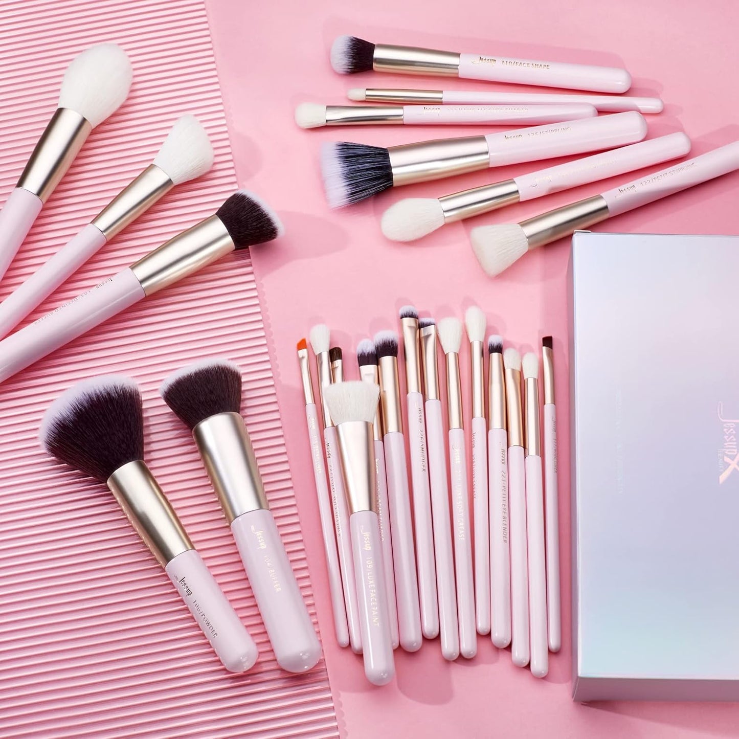 Jessup Makeup Brushes Set Professional, 25PCS Pink Premium Natural Powder Foundation Eyeshadow Blending Concealer Blusher Highlight Labeled Brushes, T290