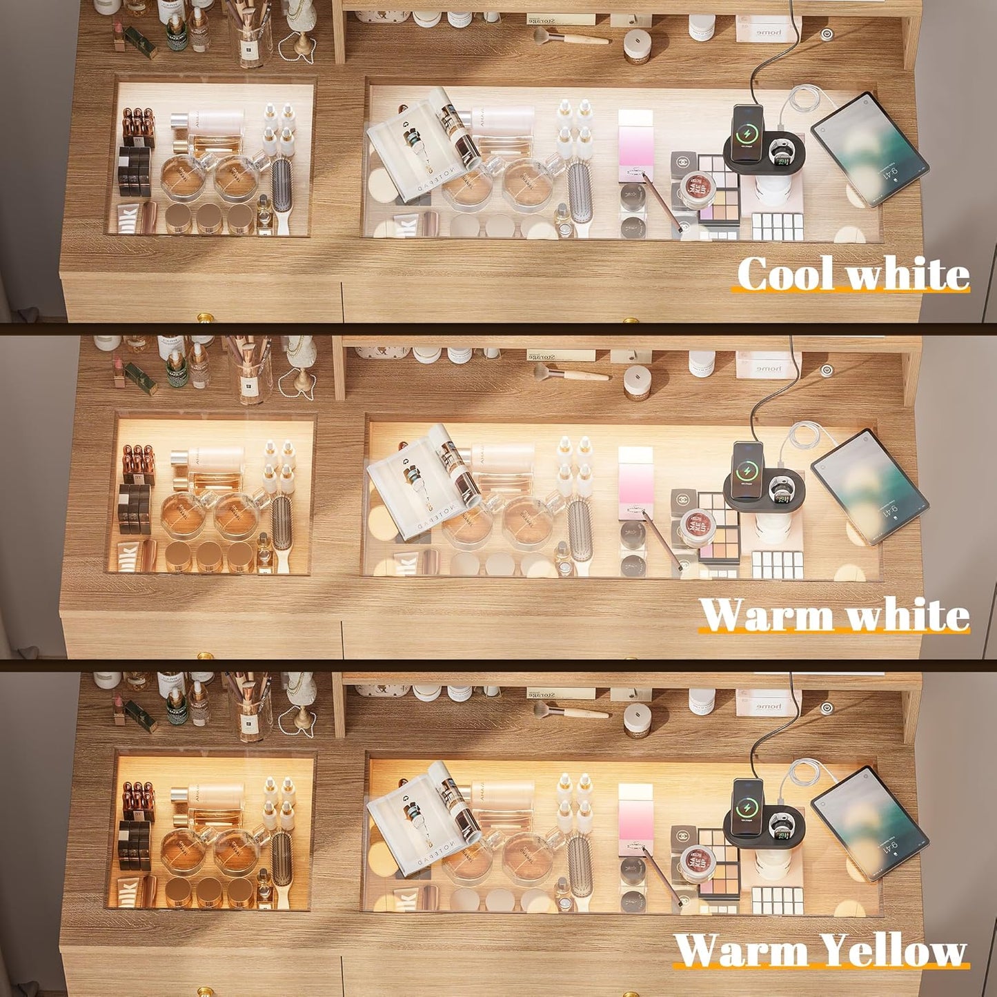 40" Vanity Desk with Large Mirror and Lights, Modern Glass Top Makeup Vanity Set with Power Outlet, Drawers and Cabinet, 3 Lighting Color Adjustable Dressing Table for Bedroom,Oak