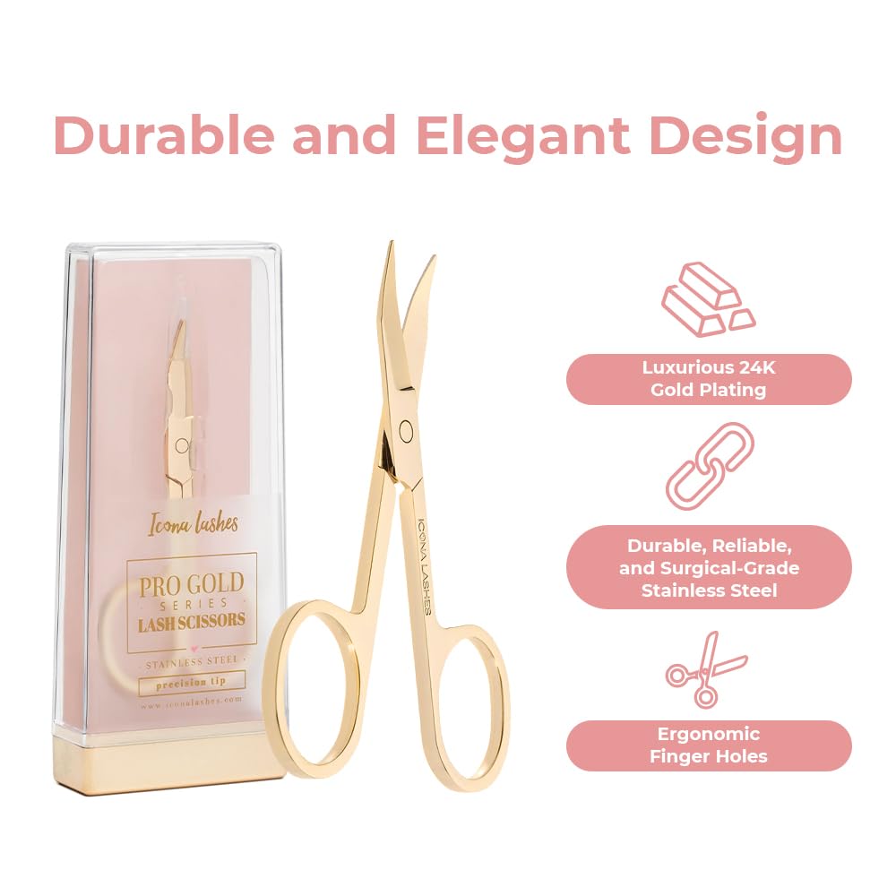 Eyelash Scissors - 24K Gold-Plated Stainless Steel Lash Scissors for Cutting False Lashes - Curved Scissors with Precision Tips for Trimming Cuticle, Eyebrow, Beard, Facial & Nose Hair