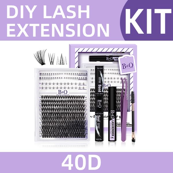 B&Qaugen B&Q Eyelash Extension Kit with Bottom Lash Extension 10-18mm 40D D Curl Lash Clusters Kit with Bottom Lashes DIY Lash Extension Kit Bond and Seal Lash Applicator (Kit-40D-D-MIX10-18)