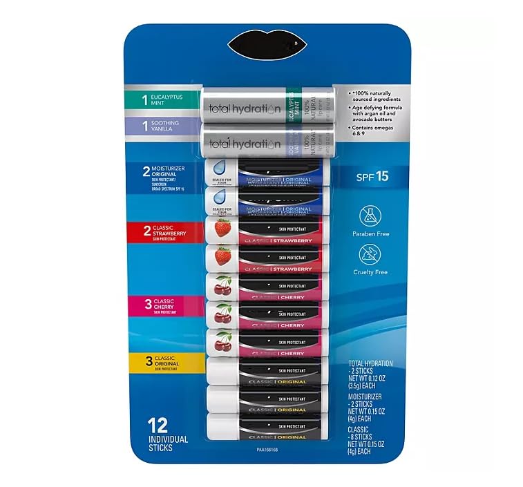 Lip Balm - Variety Pack Original, Cherry, Strawberry, Moisturizer & Total Hydration - 12 count.
