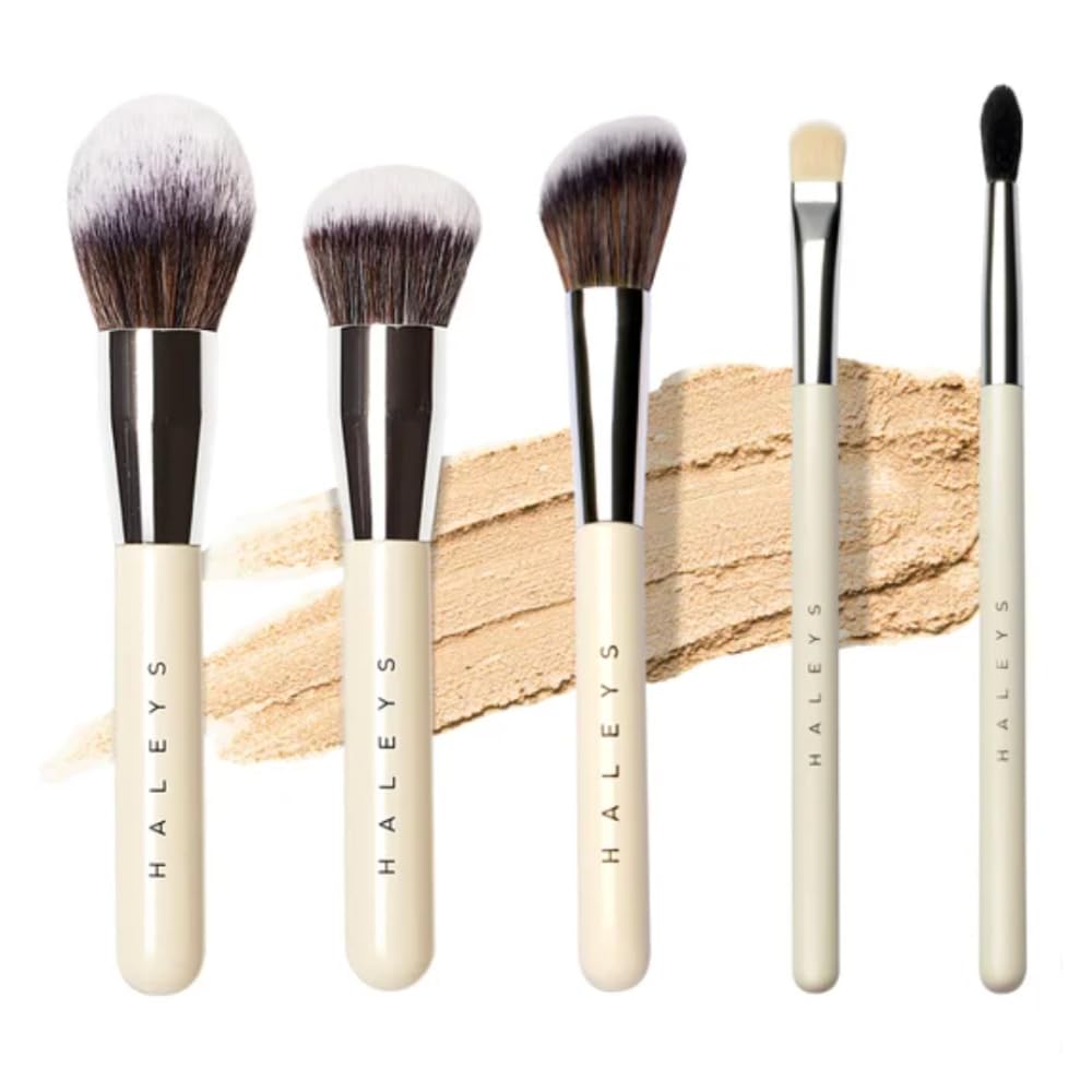 HALEYS Makeup Brush Set 5 pcs: Soft, Streak-free, Perfect Blending, Buff, Blurs and Smooth, Premium Luxury Vegan Bristles, For Liquid, Cream or Powder, Vegan, Cruelty-free, Sustainable Wood
