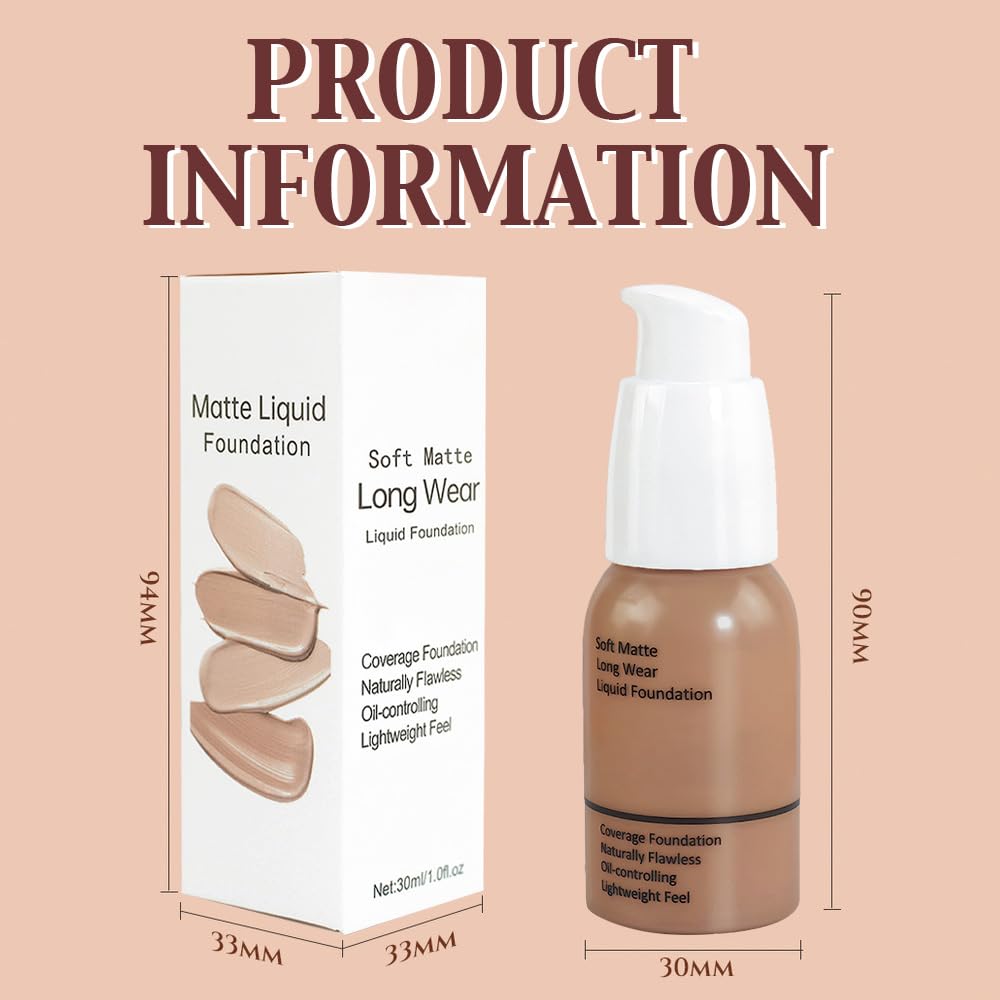 2Pcs Matte Liquid Full Coverage Foundation, Flawless Soft Matte 24HR Oil Control Full Coverage Foundation Makeup for Women, Long-Lasting Waterproof Full Coverage, 05#Tan (05+05, Pack of 2)