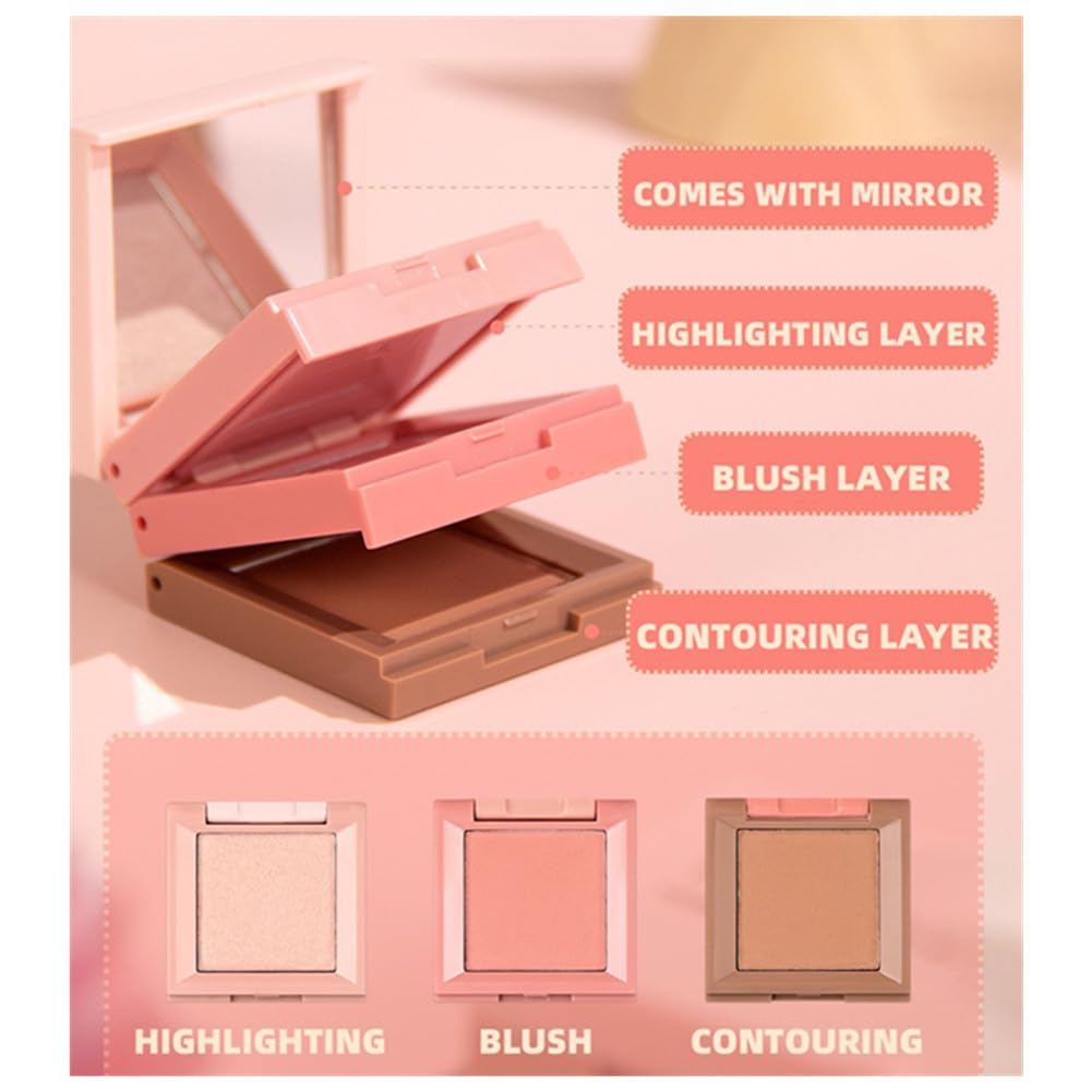 Contour and Highlight Blush Makeup Palette, Cream Bronzer, Silky Smooth Powder Blush, Shimmer Highlighter Makeup Powder, 3-in-1 Mixable Three-Piece Eyeshadow Palette with Mirror (02#)