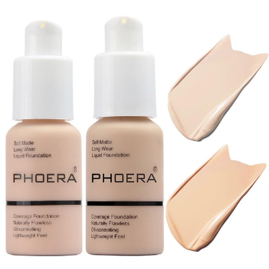 2 Pack PHOERA Foundation 101- Porcelain and102- Nude, Flawless Soft Matte Liquid Foundation 24 HR Oil Control Concealer Foundation Makeup