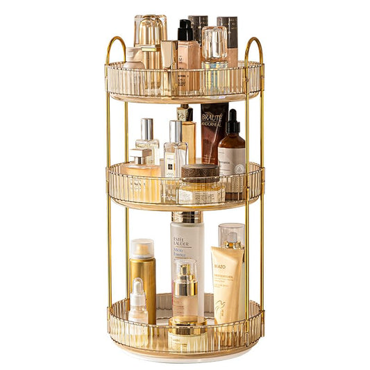 360 Rotating Makeup Organizer - High-Capacity Skincare & Cosmetics Organizer for Vanity, Bathroom or Dresser (3 Tiers, Amber)