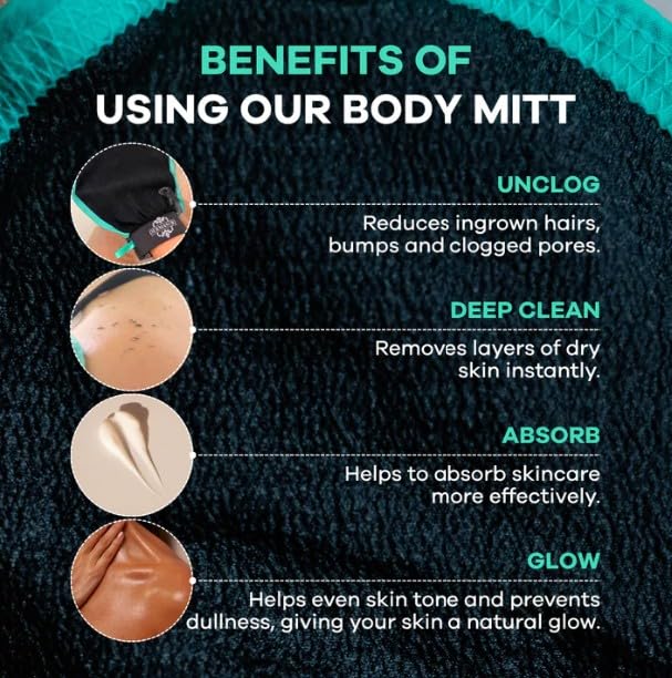 Dermasuri Deep Exfoliating Glove for Shower - Scrubbing Mitt Body Scrubber Gloves Skin Exfoliator & Eliminates Dead Skin - Keratosis Pilaris Scrub Spray Tan Remover - Korean Skincare for Body (2 Pack)