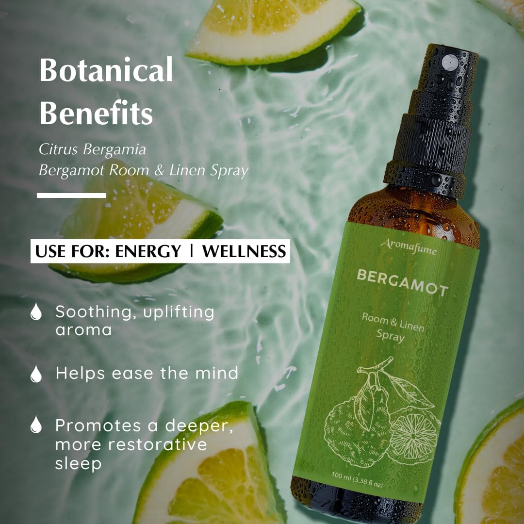 Bergamot Room, Linen & Pillow Spray by Aromafume | 100ml/3.38 fl oz | with Pure Bergamot Essential Oil | Aromatherapy Spray for Relaxation, Sleep & Stress Relief | Mist for Bedding, Fabric