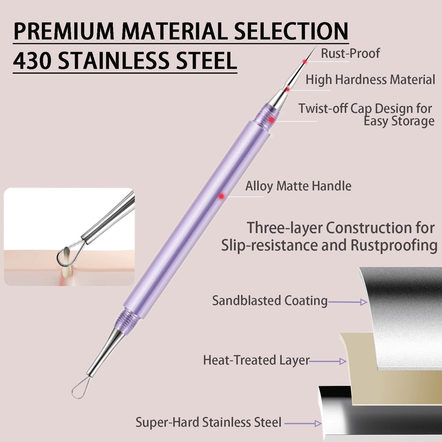 2-in-1 Professional Stainless Steel Acne Removal Needle, Whitehead & Blackhead Remover Tool, Pimples Comedone Extractor Removal Tool, Double Ended Needle with Cap Removal for Nose Face Tools(Purple)