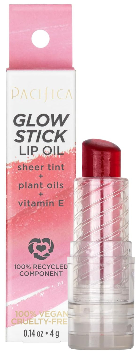 Pacifica Glow Stick Lip Oil Rosy Glow Sheer Rose Hydrating Lip Tint Balm, Moisturizing Glossy Oil for Dry Lips, Vitamin E Enriched, Non-Sticky Natural Shine, Vegan & Cruelty-Free Clean Beauty .14 oz