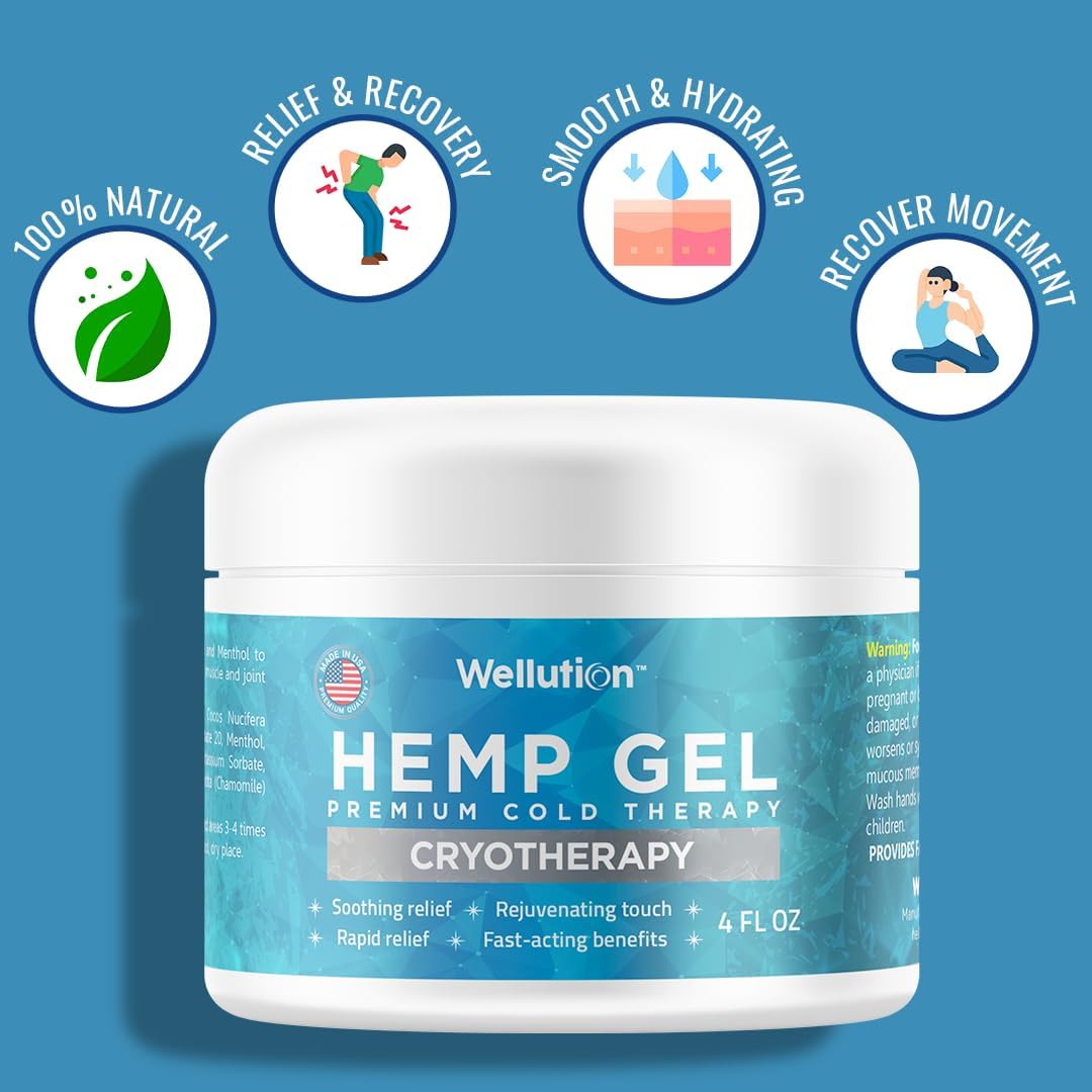 WELLUTION Cryotherapy Hemp Gel – Gentle Cooling Sensation with Menthol & Arnica – Non-Greasy, Quick-Absorbing Formula – Lightweight Gel for Comfort & Refreshing Feel – 4oz