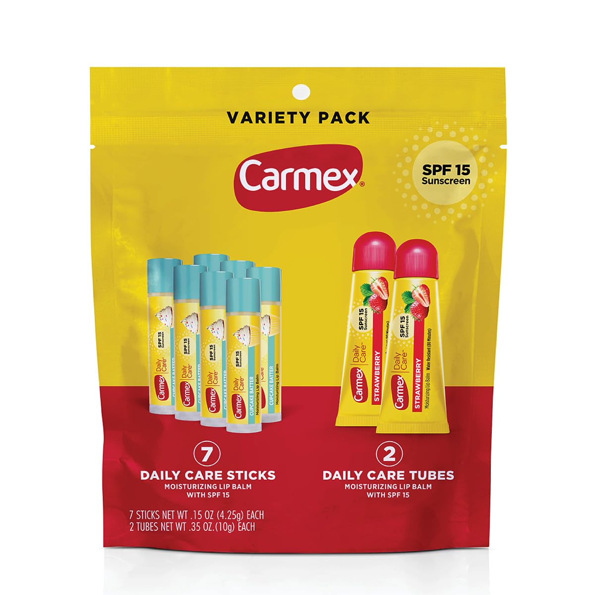 Carmex Daily Care Moisturizing Lip Balm Pack, SPF 15, Strawberry & Cupcake Batter Flavor Variety Pack Bag, 9 Count (7 Sticks, 2 Tubes)