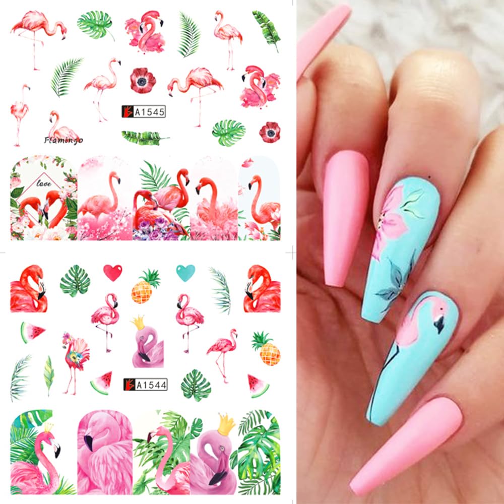 12 Sheet Flamingo Nail Art Stickers Cute Flamingo Green Leaf Design Water Transfer Nail Decals Summer Nail Art Decorations Waterproof Acrylic Nail Stickers for Women DIY Manicure Tips