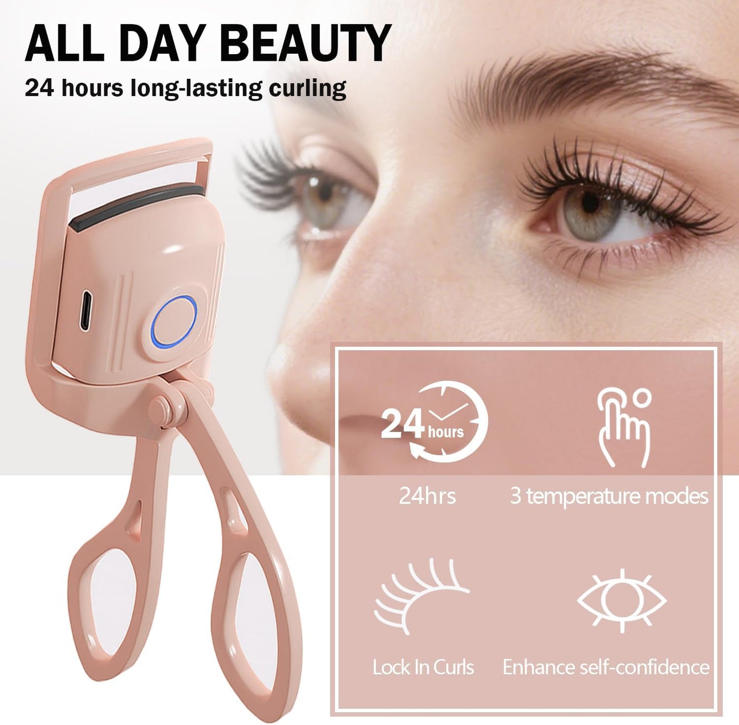 Heated Eyelash Curler, Rechargeable Electric Eyelash Curler, 3-Level Temperature Control, 24 Hour Long Lasting Curl, Suitable for All Beauty Enthusiasts