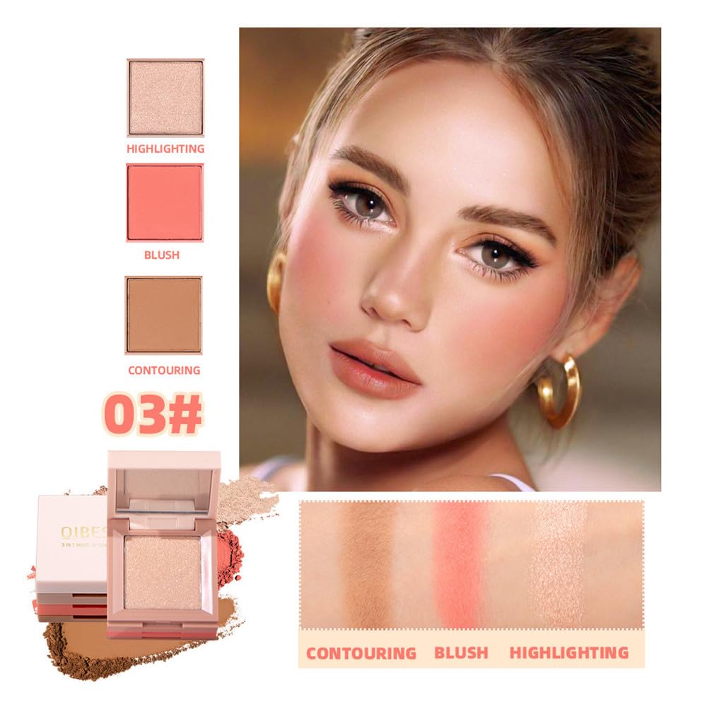 Contour and Highlight Blush Makeup Palette, Cream Bronzer, Silky Smooth Powder Blush, Shimmer Highlighter Makeup Powder, 3-in-1 Mixable Three-Piece Eyeshadow Palette with Mirror (03#)