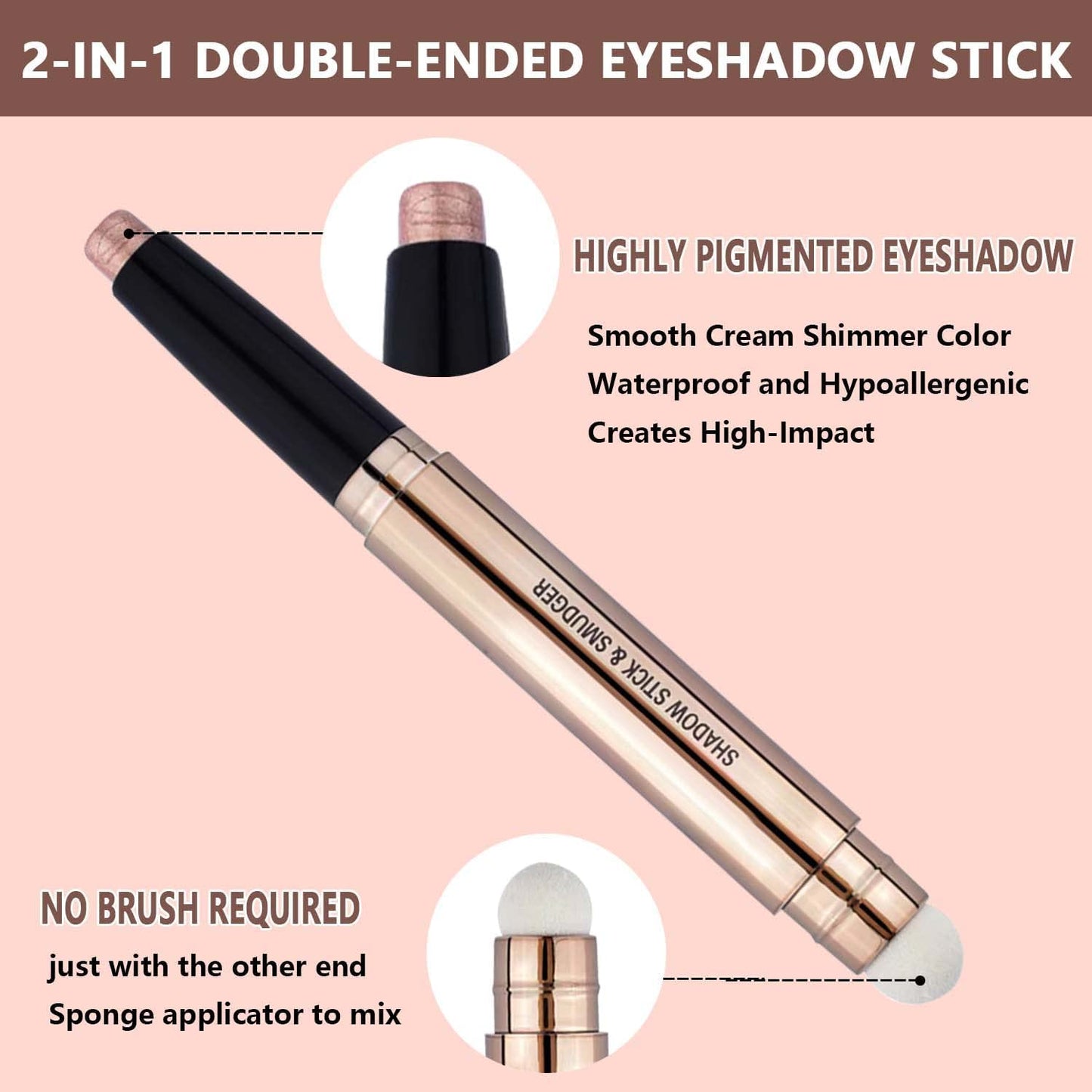 Warm gold Eyeshadow Stick And Sponge Makeup Brush, Smooth Cream Shimmer Shadow Pencil Long Lasting Waterproof Eye Shadow Highlighter, Hypoallergenic Highlighter Multi-Dimensional Eyes Look 03
