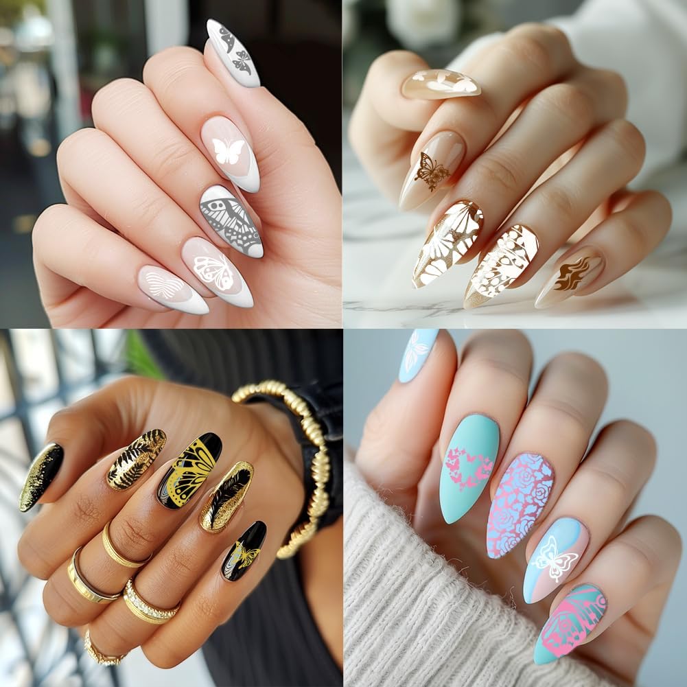 3Pcs Butterfly Nail Stamping Plate Set Floral Ginkgo Maple Leaves Stainless Steel Nail Stamp Templates Clear Silicone Nails Stamping with Stamper Scraper for Manicure Printing