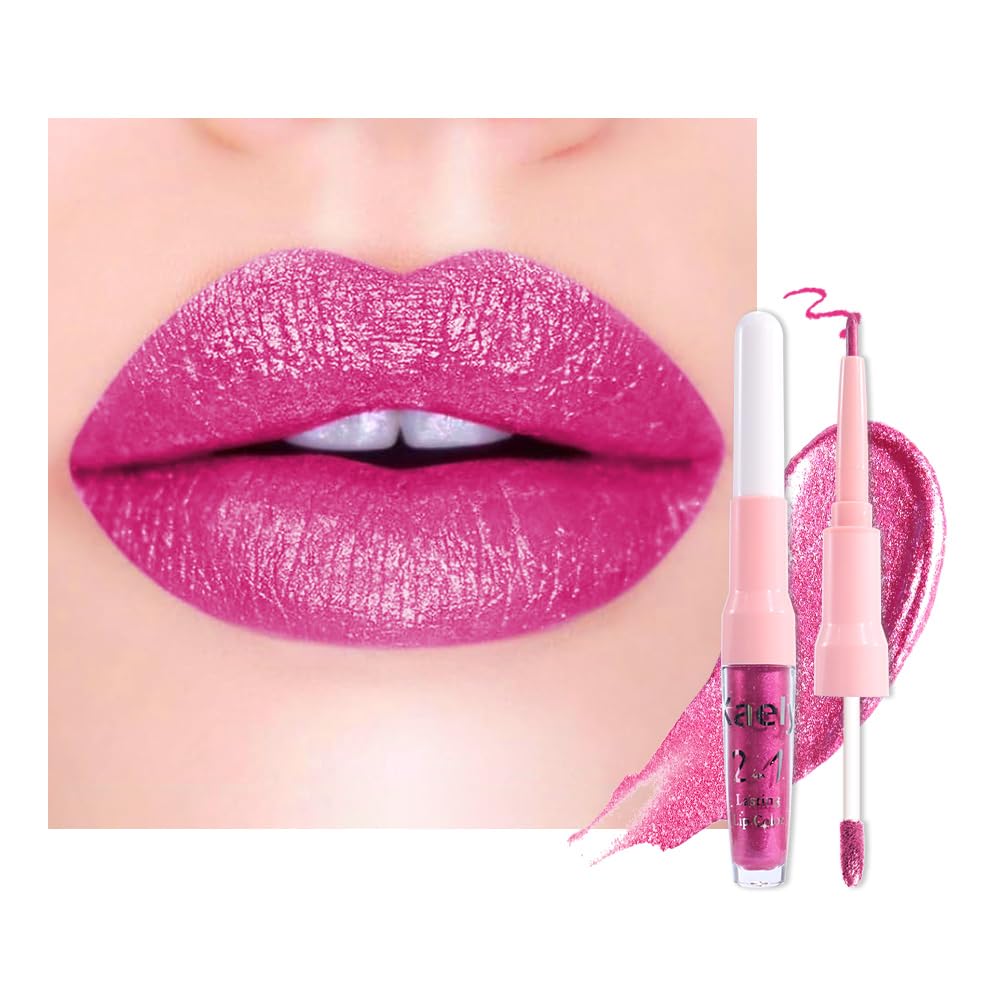 Kaely 2-in-1 Rose Metallic Lipstick and Lip Liner, Shimmer Liquid Metallic Lipsticks for Women, Glitter Lip Gloss Stain Long Lasting Waterproof Smudge Proof 24 Hour, Vegan Makeup, 15