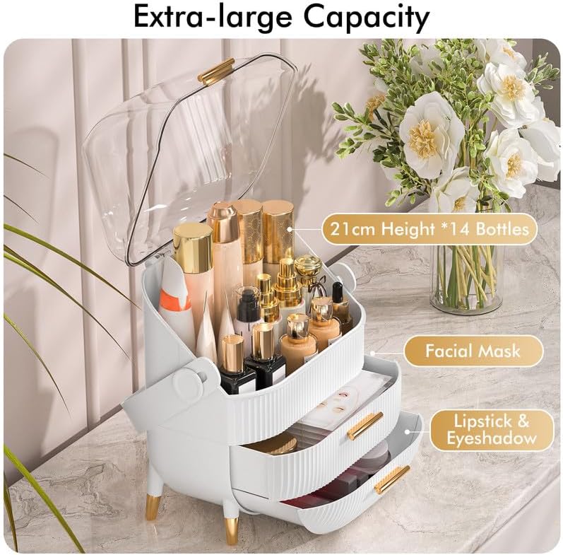 Makeup Organizer Skincare Organizers - Cosmetic Display Cases with Transparent Cover, SkinCare Organizers for Bathroom Countertop, Bedroom Vanity Desk, Lipstick Organizer, White