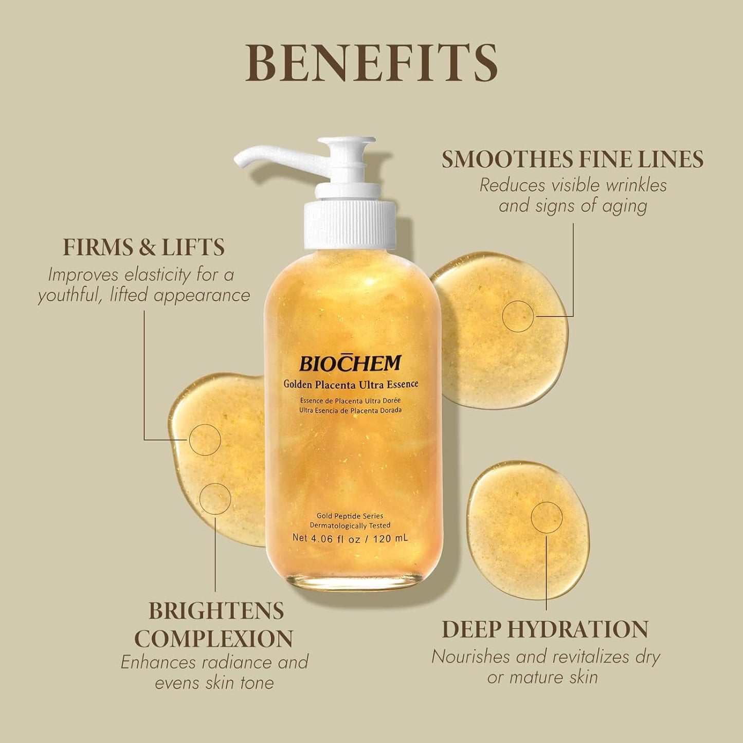 BIOCHEM Golden Placenta Ultra Essence - Placenta Face Serum with Gold Foil, Anti-aging, Hydrating, Firming, Wrinkles, Fine Lines and Skin Tone, Gentle Skincare for Fragrance-Free(4.06 fl. oz / 120 mL)