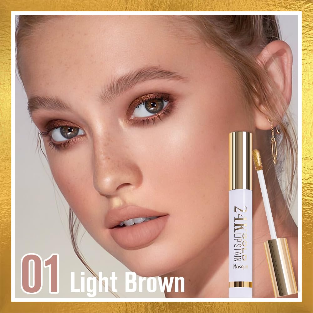 2025 New 24K Gold Liquid Lip Gloss Peel Off Lip Stain Tattoo with Tweezer, Light Brown Lips Stain Peel Off Masque, Long Lasting Waterproof Lip Tint Stain, Transfer-proof for All Skin Types 01#