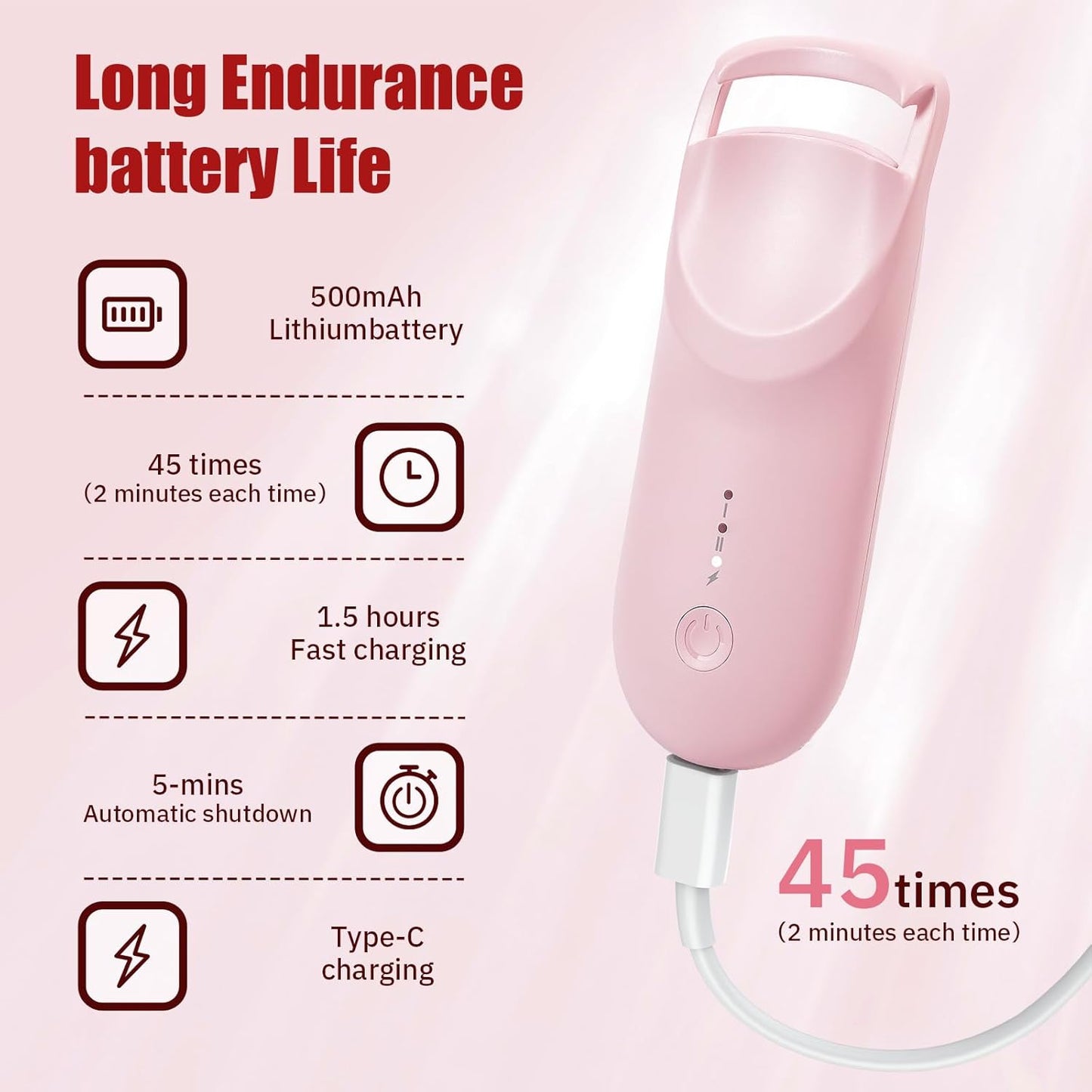 Upgrade Heated Eyelash Curler, Electric Eyelash Curler with 5s Fast Heating, Type-C Rechargeable, LMini Lash Curler, Long-Lasting Lash Lift, Natural Style, Heat-Sensitive Pad (Pink)