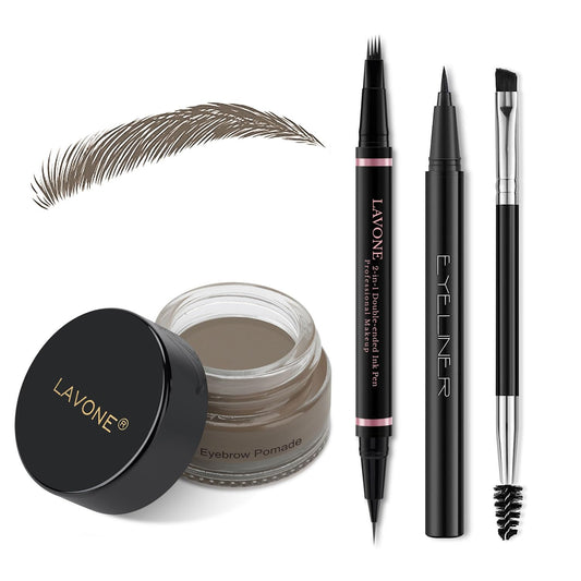 Eyebrow Pencil Makeup Kit, with Waterproof 2-IN-1 Microblading Eyebrow Pen, Eyebrow Pomade, Eyeliner and Dual-ended Eyebrow Brush, Brow Pencil Kit for Natural Eyebrows - Dark Grey