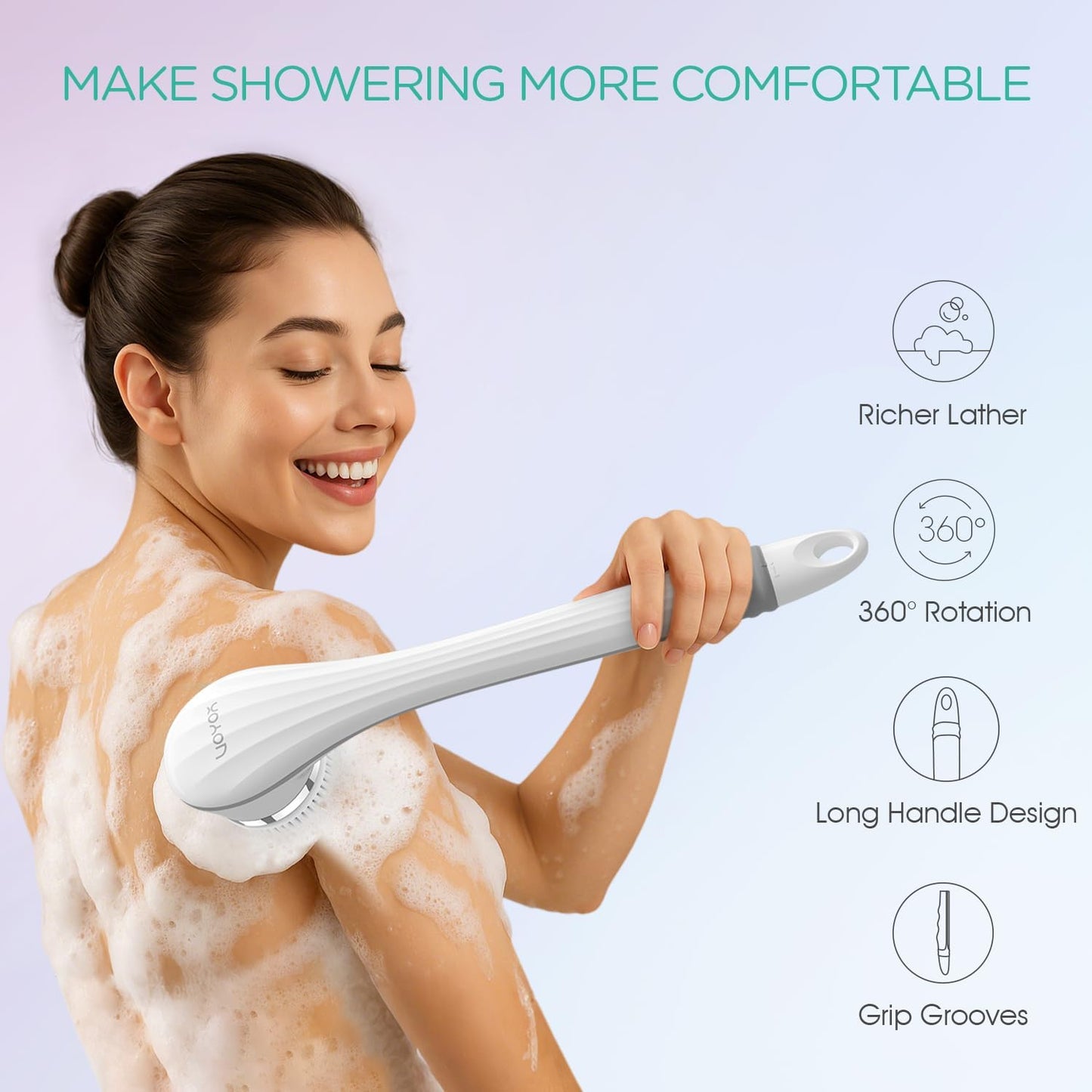 VOYOR Electric Body Brush Back Scrubber for Shower Rechargeable Exfoliating Bath Brush Powered Shower Brush with Non-Slip Long Handle Deep Cleansing, Exfoliation, Massaging Spin Brush BC100 (Gery)
