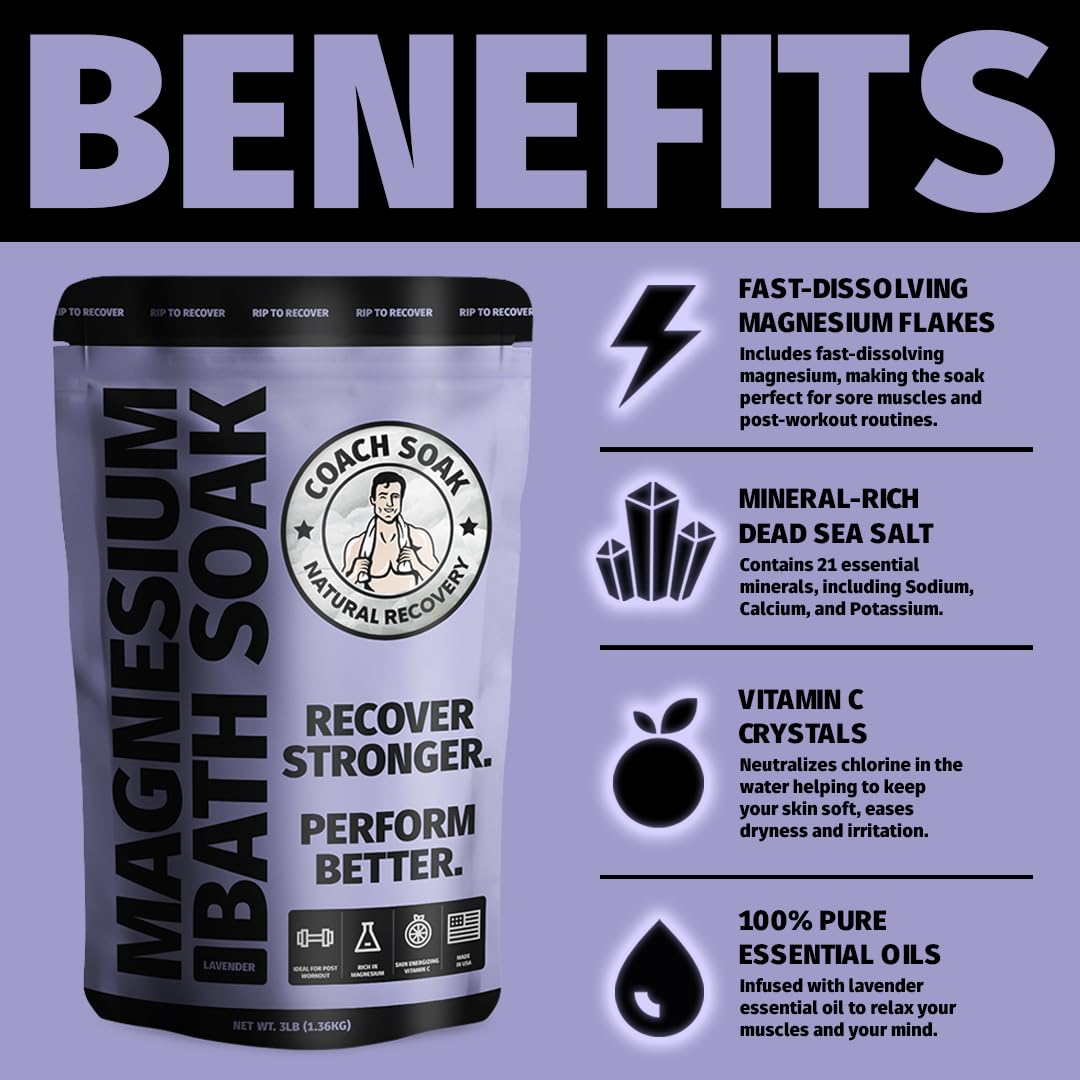 Coach Soak Recovery Bath Soak - Alternative to Epsom Salt Bath Soak - Fast-Absorbing Pure Magnesium Flakes with 21 Minerals, Bath Salts & Essential Oils - 15 lb (5 Pack) - Lavender