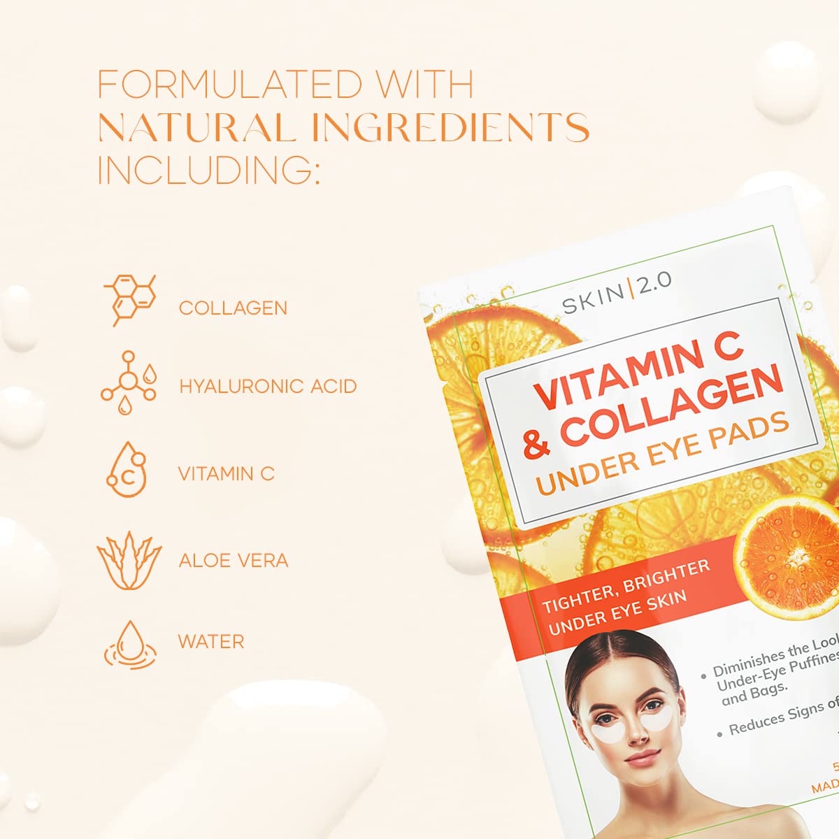 Vitamin C and Collagen Under Eye Patches - Brightens Dark Circles, Tightens Under Eye Skin, Anti-aging & Firming Under Eye Pads - Cruelty Free Korean Skin Care For All Skin Types - 5 Pairs