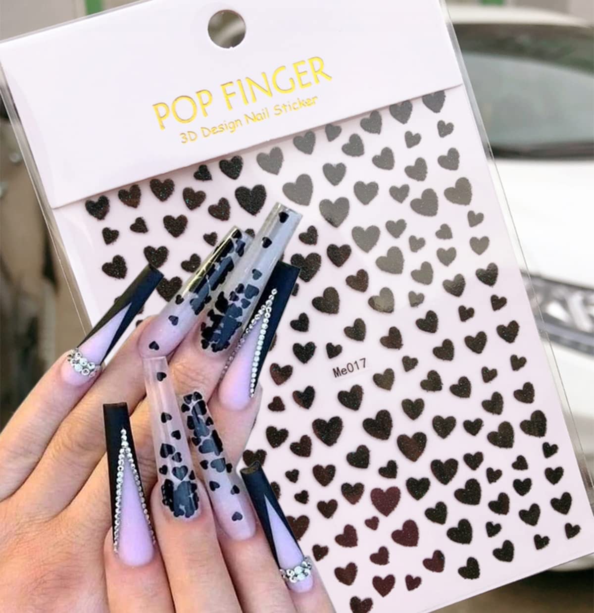 10 Sheets Heart Nail Stickers - 3D Self-Adhesive Valentine's Day Nail Art Stickers - Shiny Love Heart Nail Decals - Gold, Silver, Black