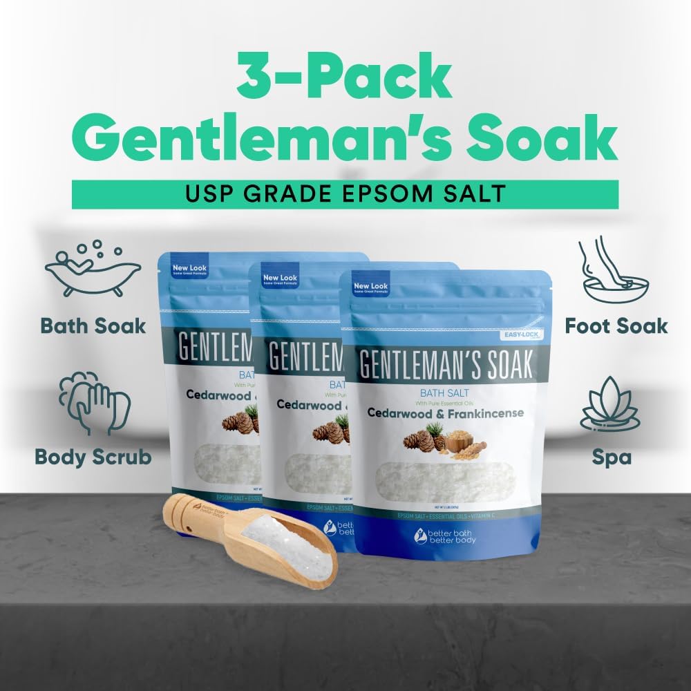 Gentleman's Bath Salt (3-Pack Plus Scoop) Bath for Men with Pure Essential Oils in BPA Free Pouch with Press-Lock Seal Made in USA 3-Pack of 2-lbs, 6-lbs Total