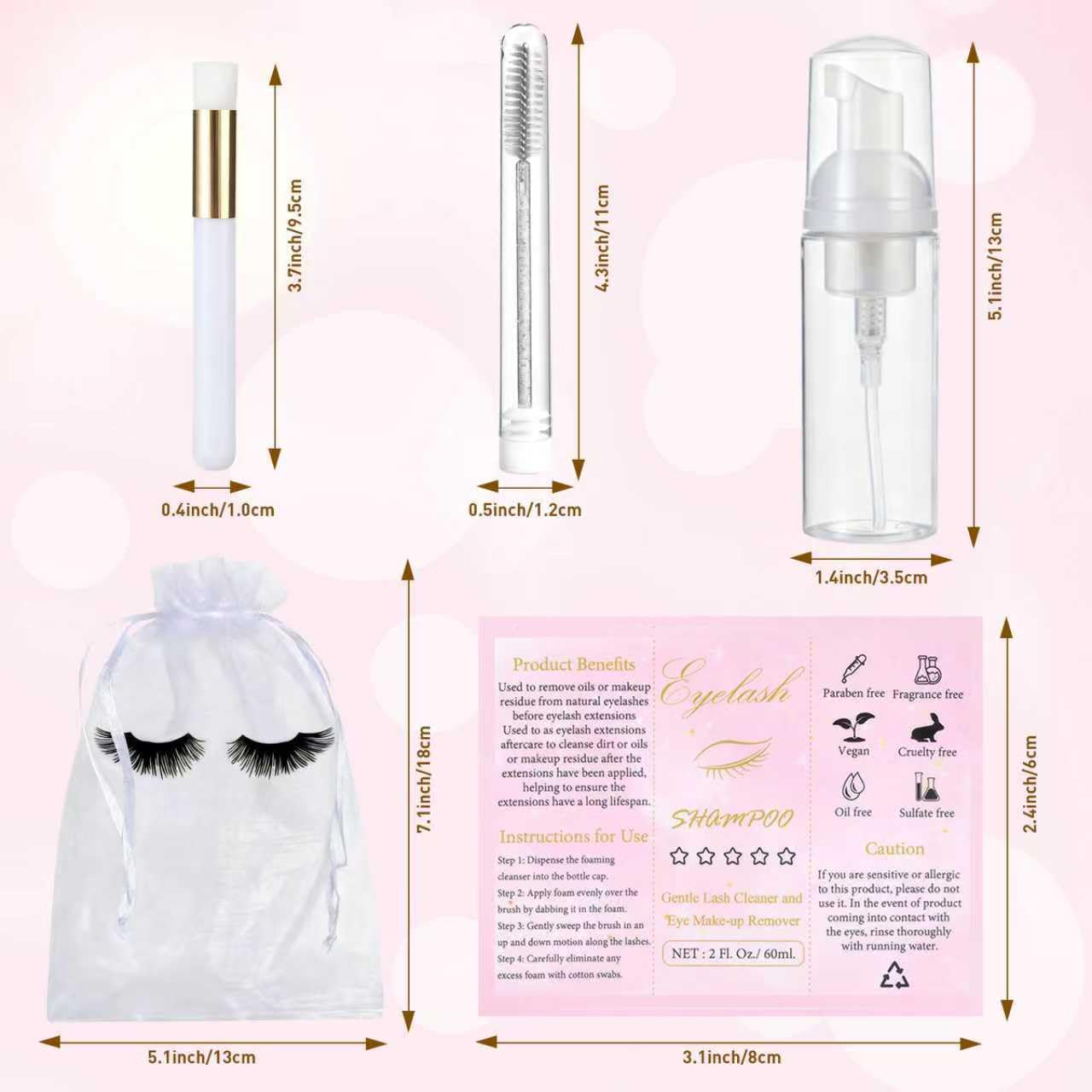 50 Pcs Lash Shampoo Bottle Brushes Set 10 Empty Foam Pump Dispensers 10 Label Stickers 10 Mascara Wands and Tubes 10 Cleansing Brush 10 Bag for Eyelash Extensions Aftercare(White)