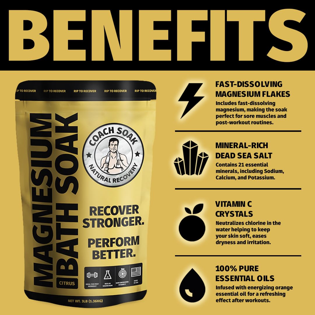 Coach Soak Recovery Bath Soak - Alternative to Epsom Salt Bath Soak - Fast-Absorbing Pure Magnesium Flakes with 21 Minerals, Bath Salts & Essential Oils - 9 lb (Pack of 3)