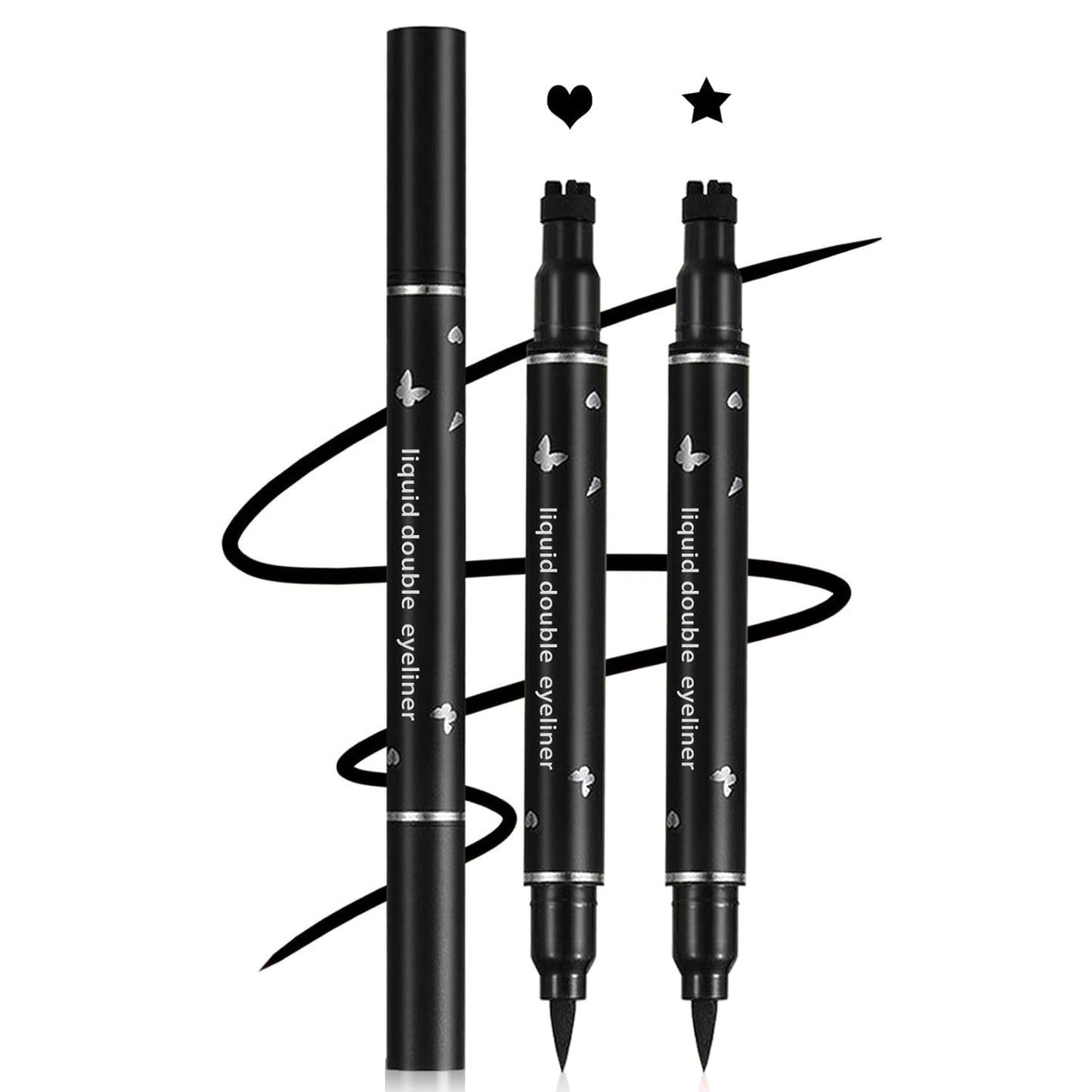 2PCS Double-headed Eyeliner Stamp Pencil Black Liquid Winged Eyeliner Stamp Pen Waterproof Smudgeproof Eye Liner Stamp for Eye Makeup(Heart+Star)