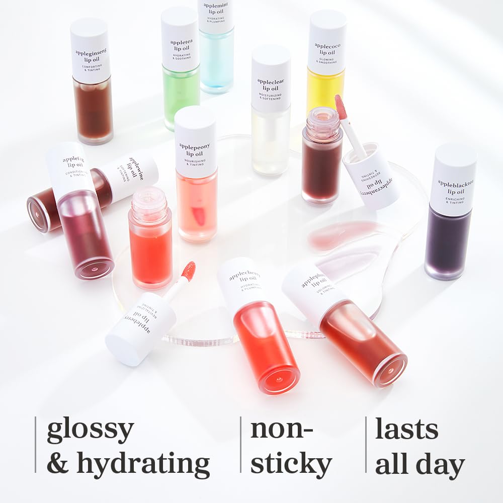 NOONI Korean Lip Oil Set - Appleberry & Applecherry | Long-Lasting, Moisturizing, Plumping, Revitalizing for Dry Lips, Waterproof, No Peel Off, 0.12 FL Oz x 2ea